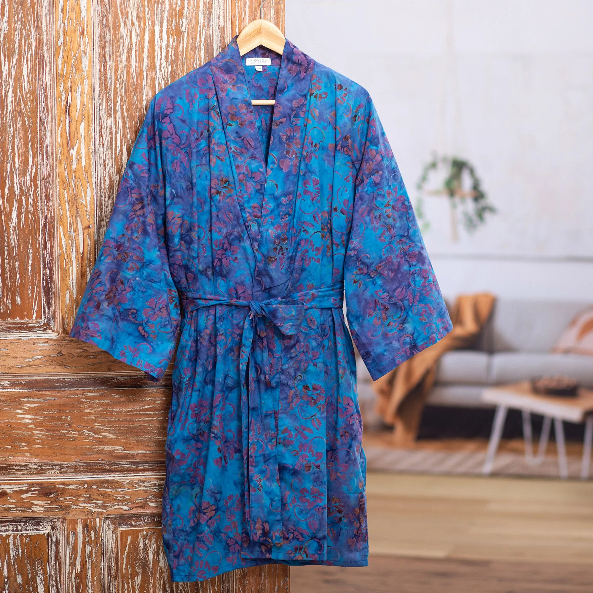 100% Cotton Artisan Batik Robe - Moonlit Blossoms | NOVICA