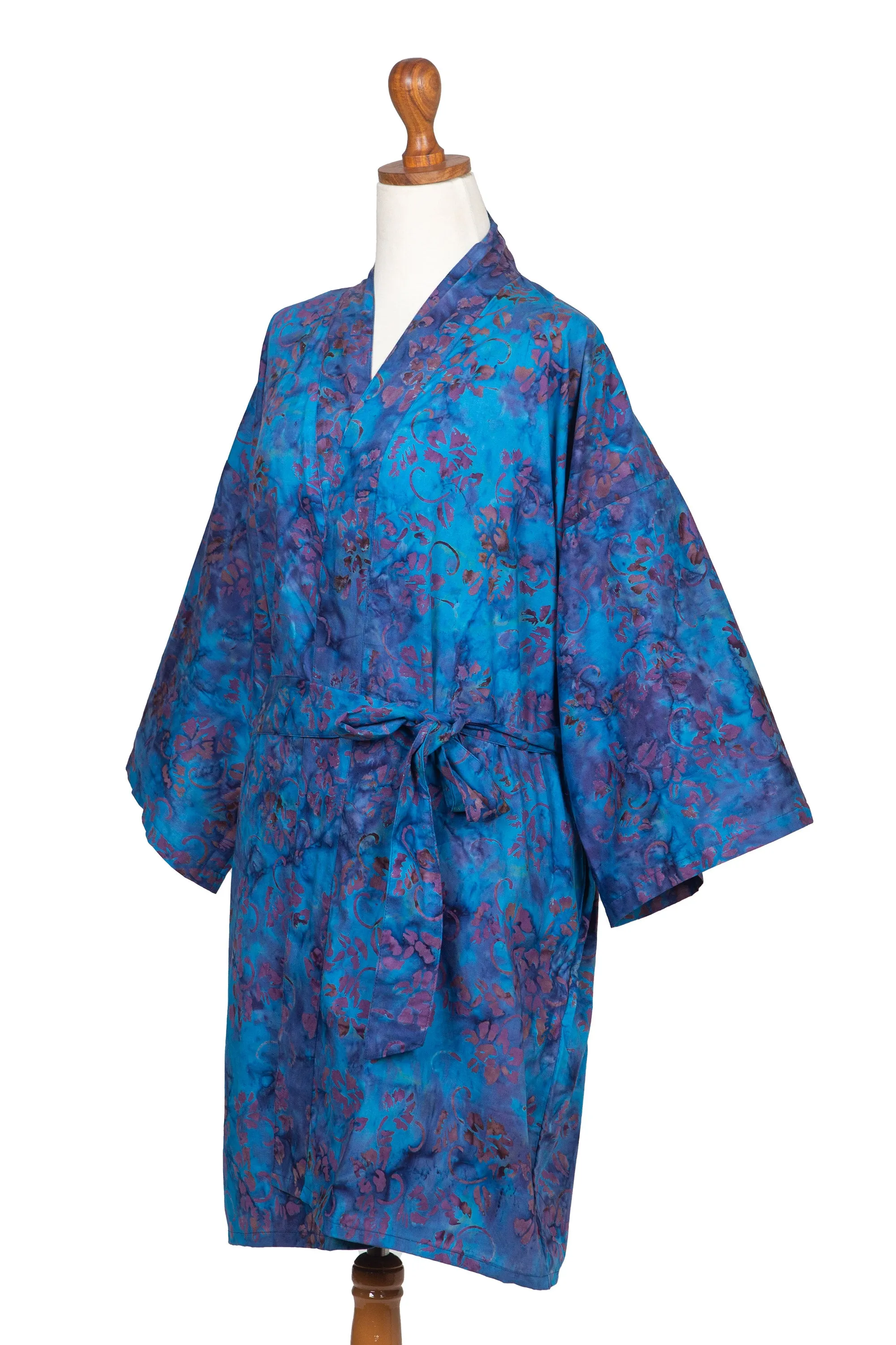 100% Cotton Artisan Batik Robe - Moonlit Blossoms | NOVICA