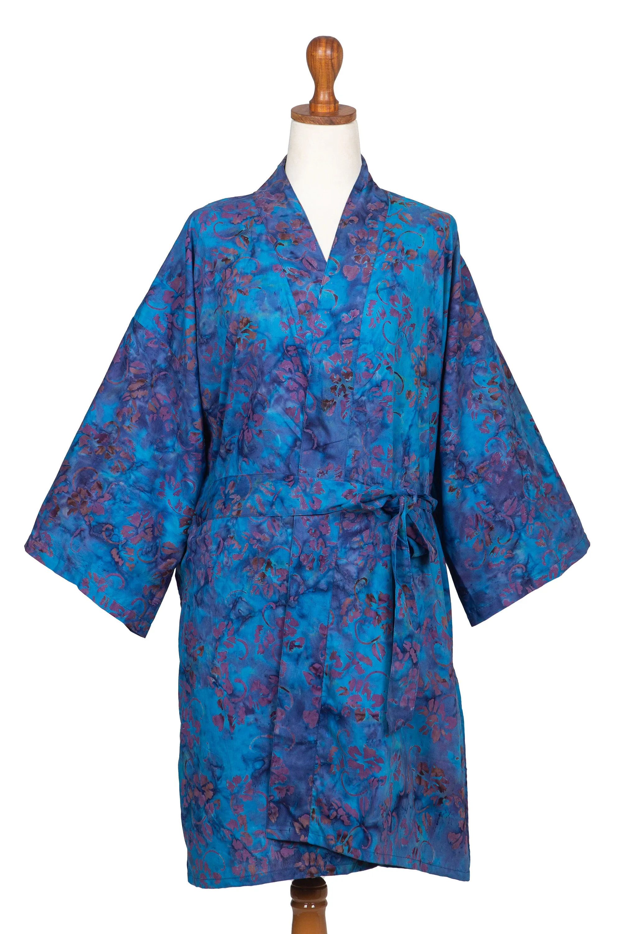 100% Cotton Artisan Batik Robe - Moonlit Blossoms | NOVICA