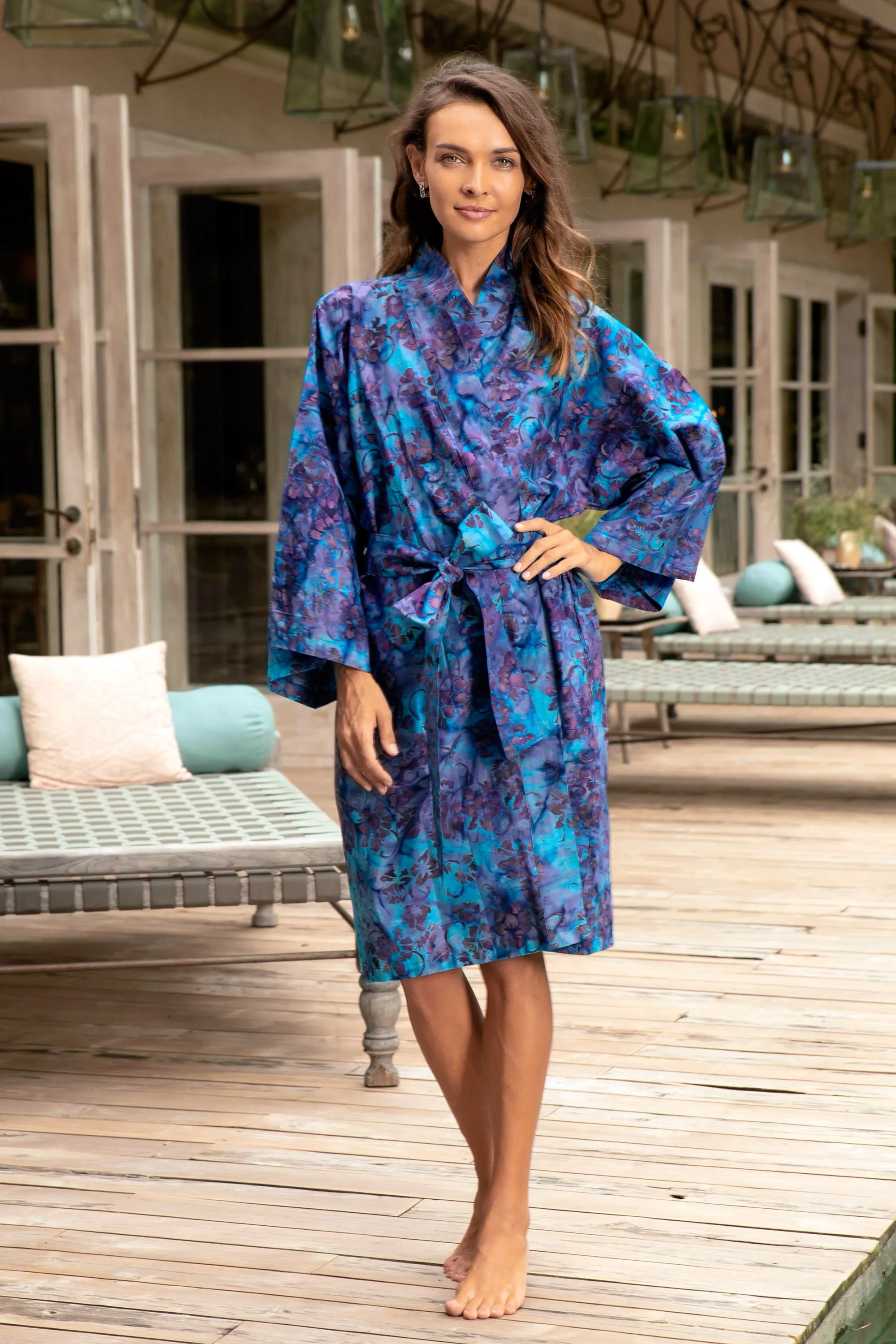 100% Cotton Artisan Batik Robe - Moonlit Blossoms | NOVICA