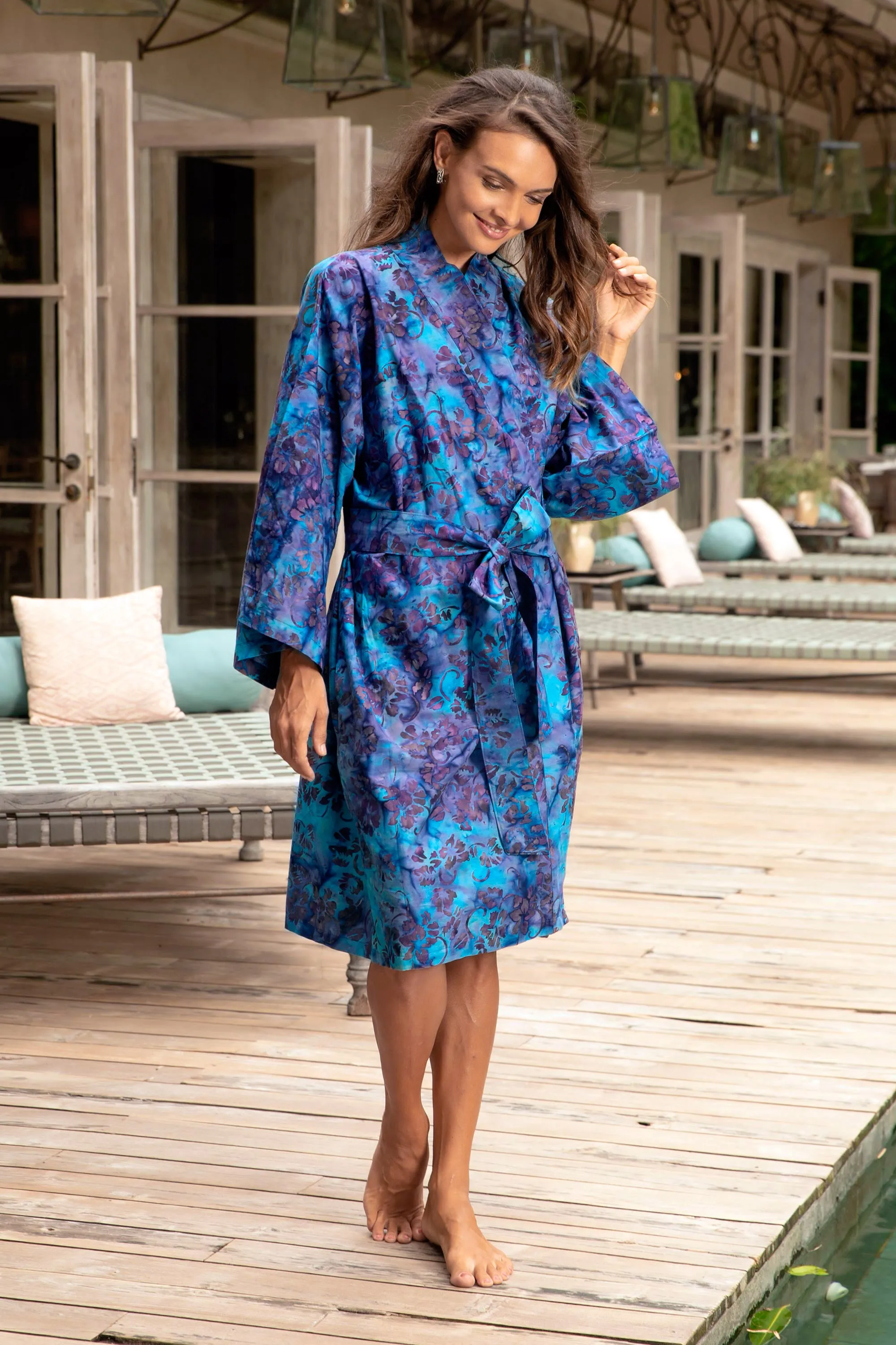 100% Cotton Artisan Batik Robe - Moonlit Blossoms | NOVICA