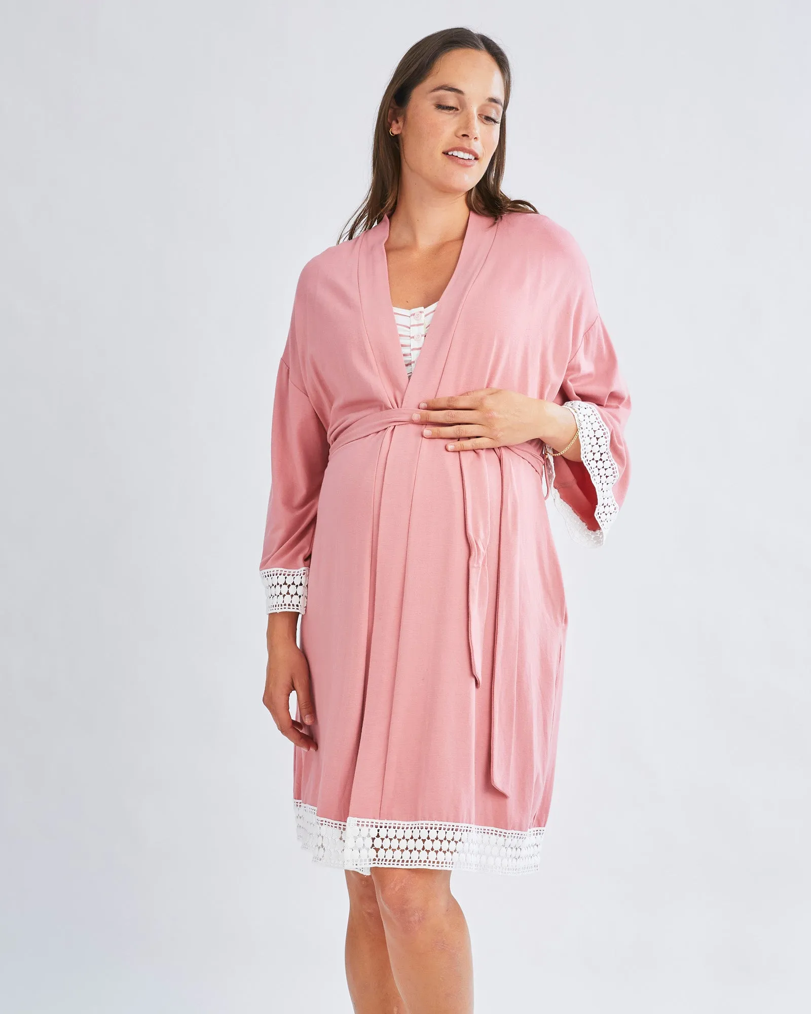 3-Piece Maternity Hospital Pack Set: Nursing nightie   Robe   Baby wrap In Pink