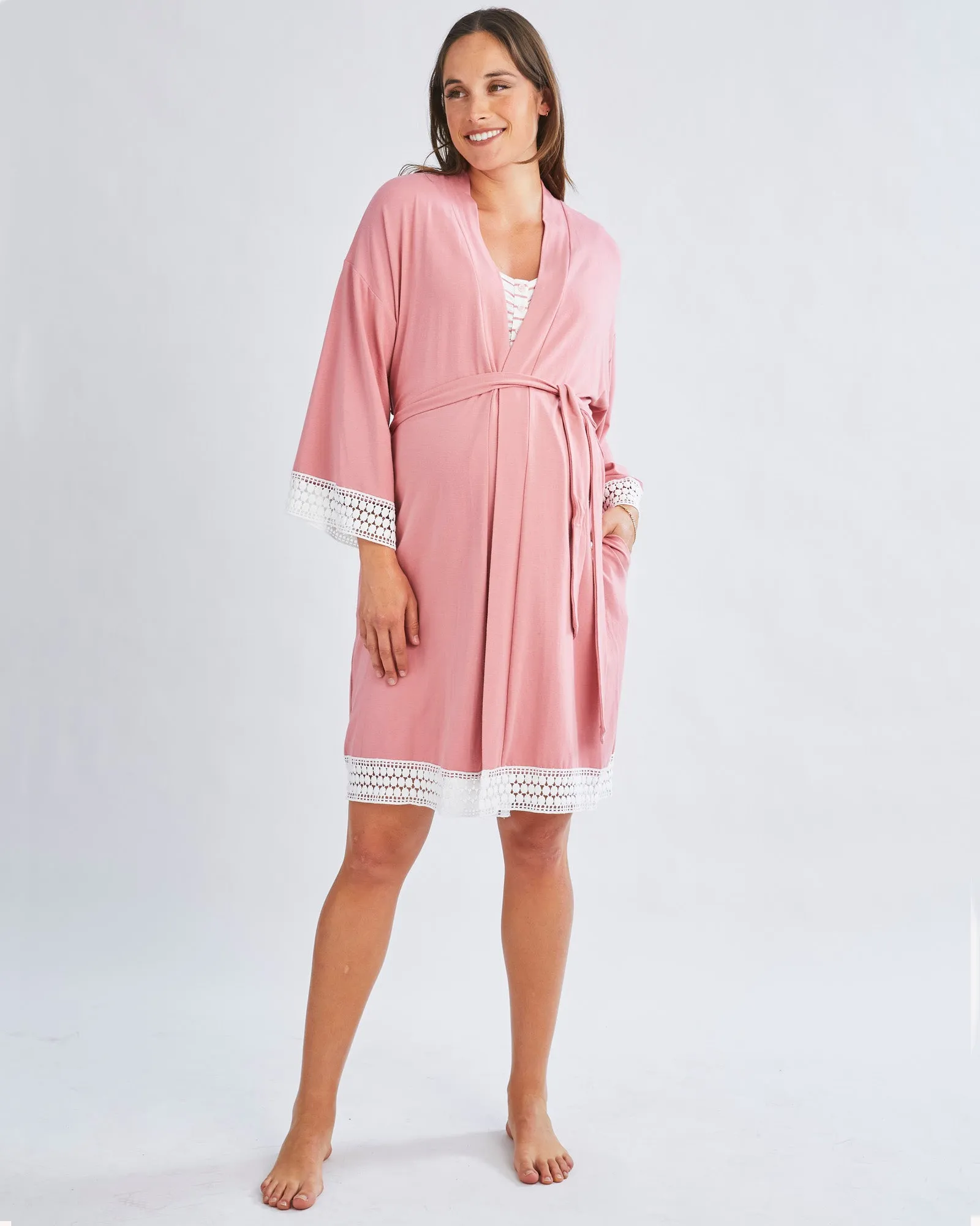 3-Piece Maternity Hospital Pack Set: Nursing nightie   Robe   Baby wrap In Pink