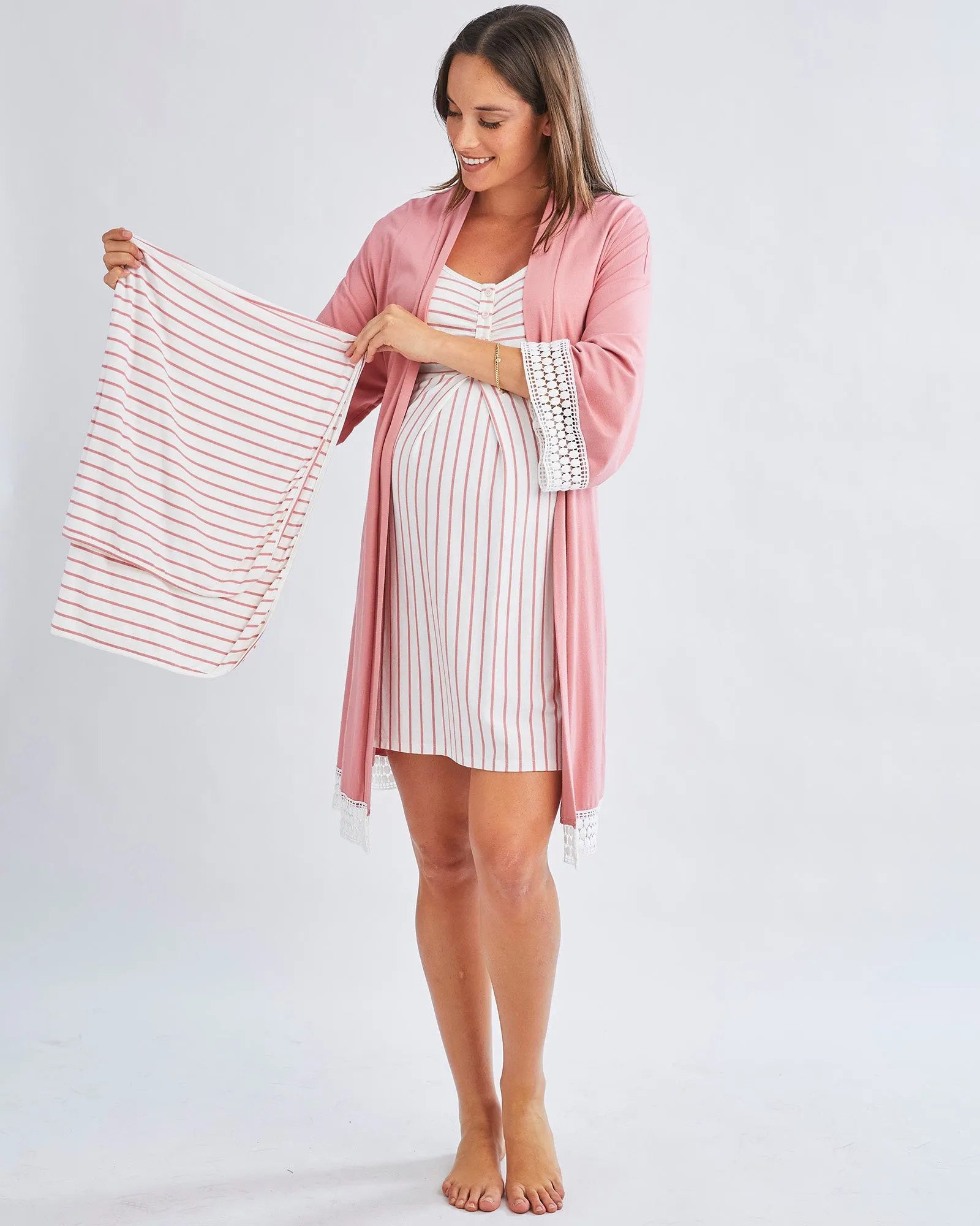 3-Piece Maternity Hospital Pack Set: Nursing nightie   Robe   Baby wrap In Pink