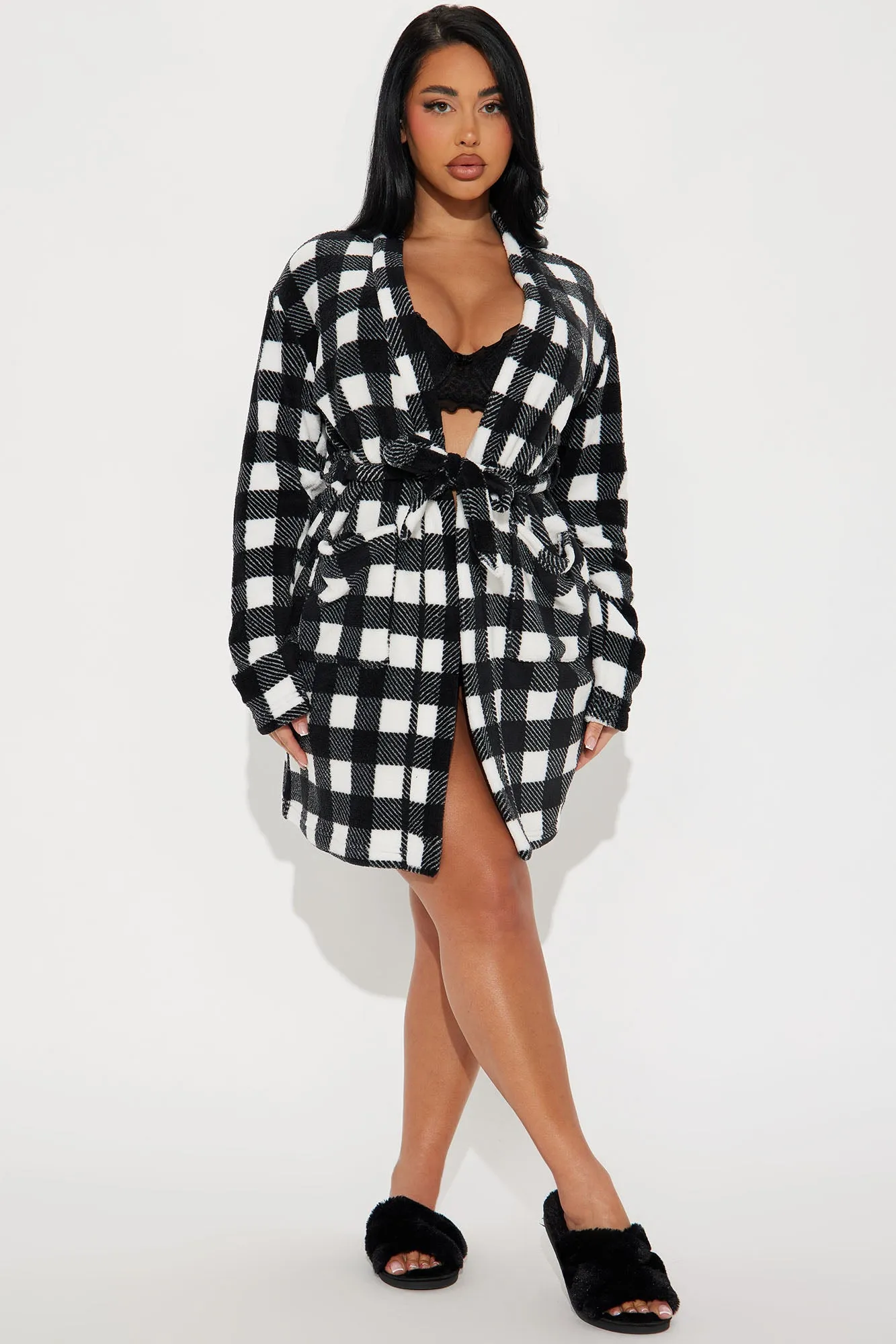 Always Cozy Plush PJ Robe - Black/White