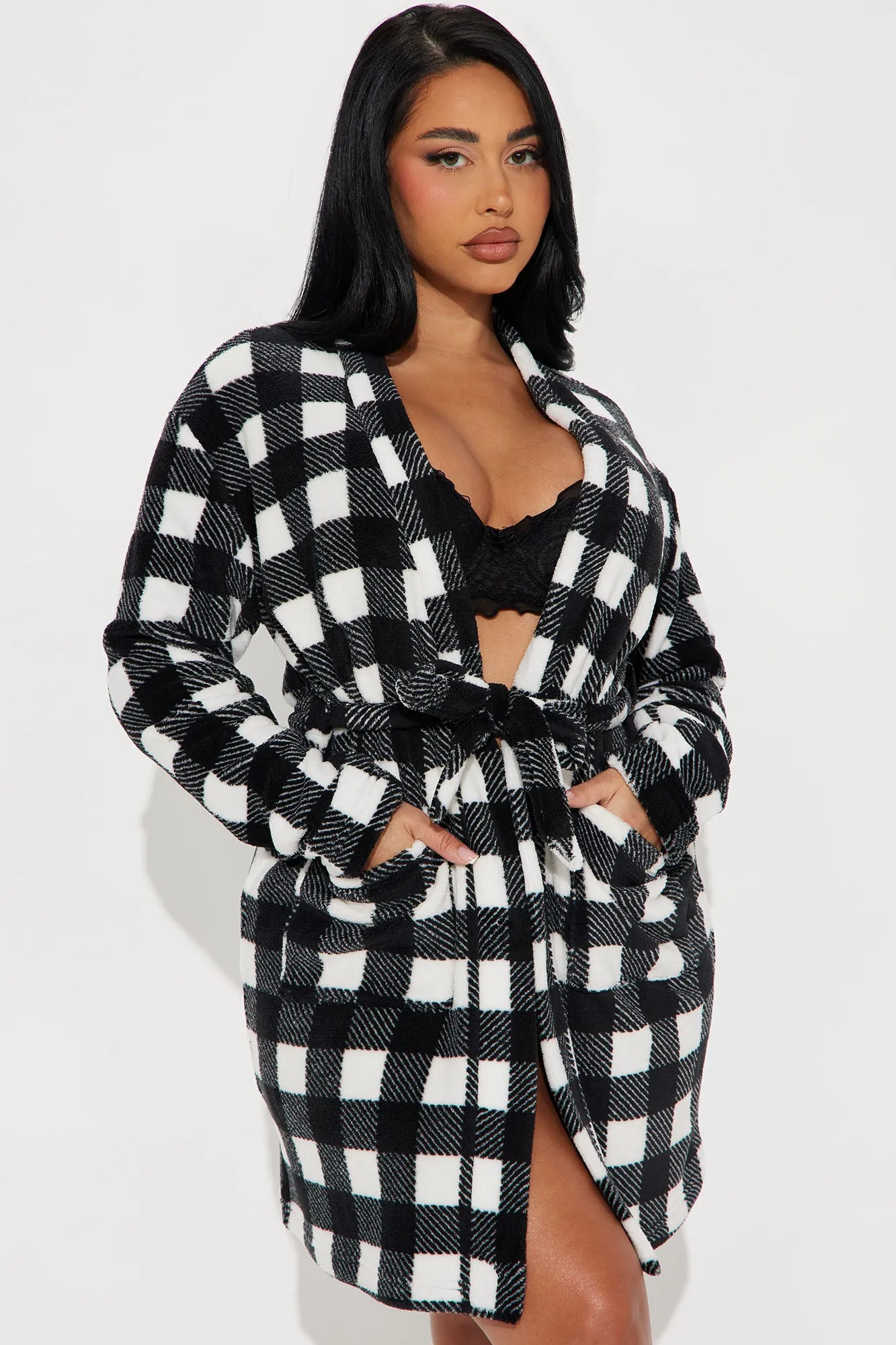 Always Cozy Plush PJ Robe - Black/White