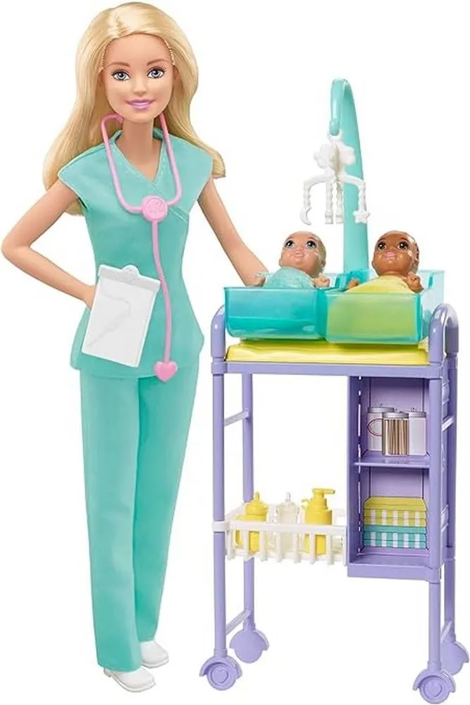 Barbie Baby Doctor Playset with Blonde Doll, 2 Infant Dolls, Exam Table and Accessories, Stethoscope, Chart and Mobile for Ages 3 and Up