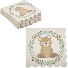 Bear Paper Napkins for Boy Baby Shower, Scalloped Edge (6.5 In, 100 Pack)