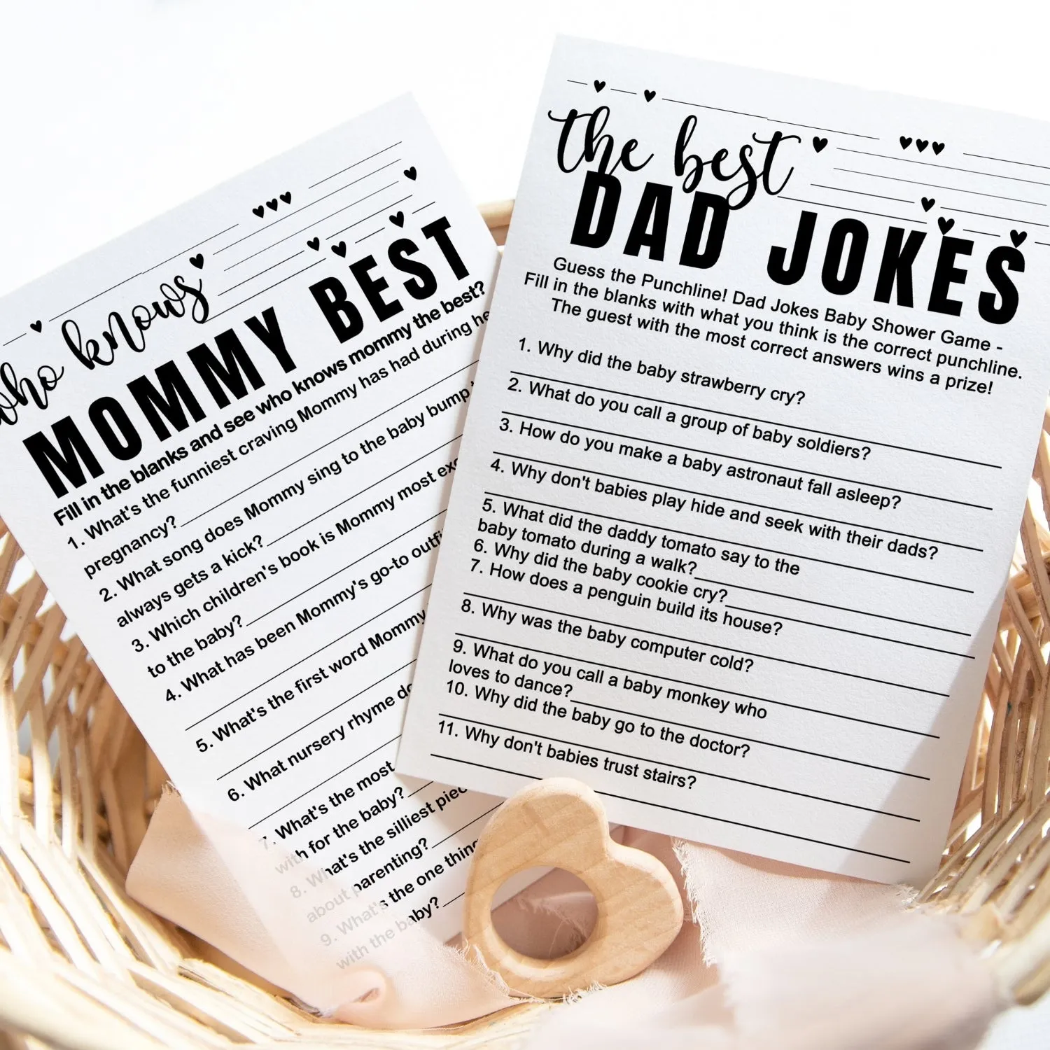 Black and White Baby Shower Game 2-in-1 Set - Who Knows Mommy Best & Dad Jokes, 25 Pack