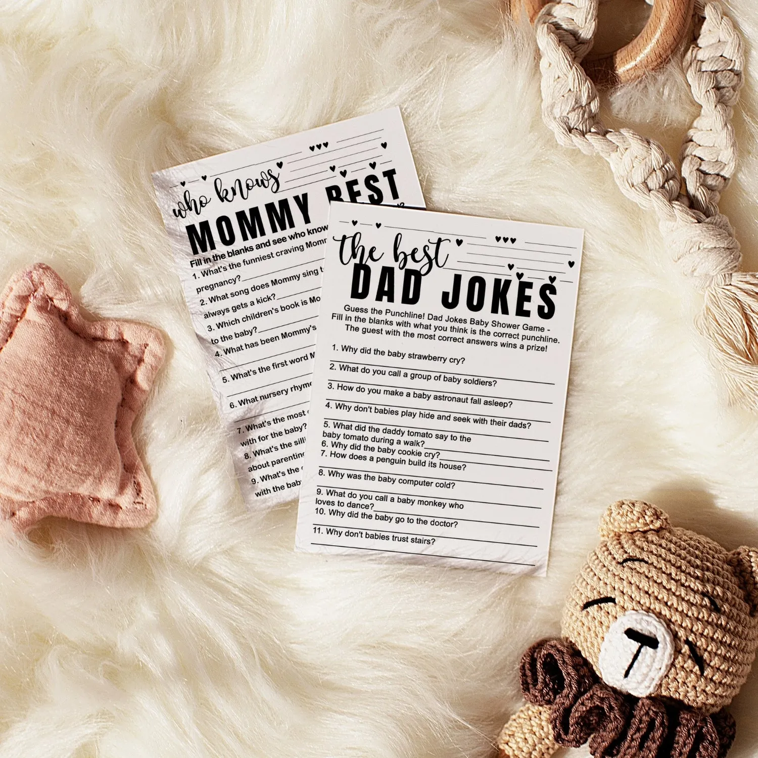 Black and White Baby Shower Game 2-in-1 Set - Who Knows Mommy Best & Dad Jokes, 25 Pack