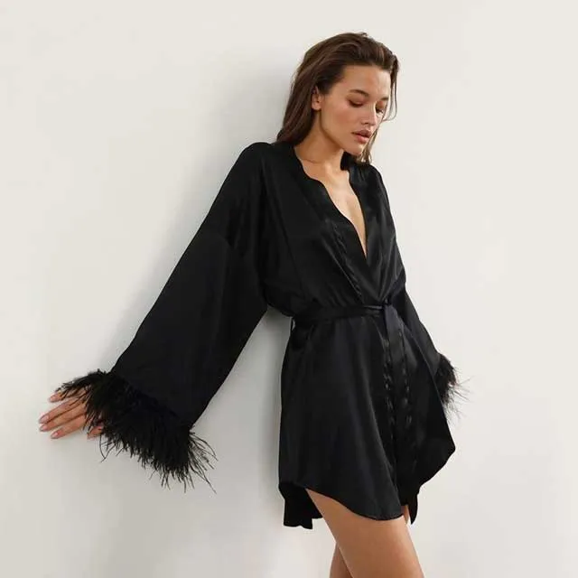 Black Satin Kimono Robe