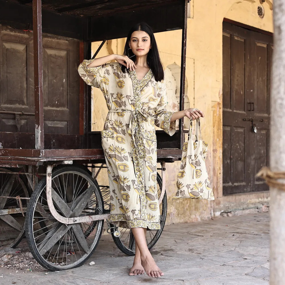 Block Printed Robe and Matching Bag in Flax