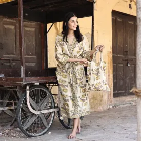 Block Printed Robe and Matching Bag in Flax