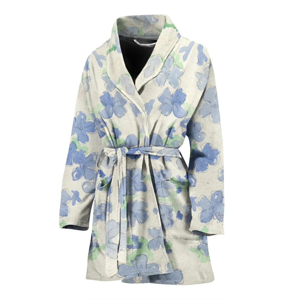 Blu&White Watercolor Floral Bath Robe - Women