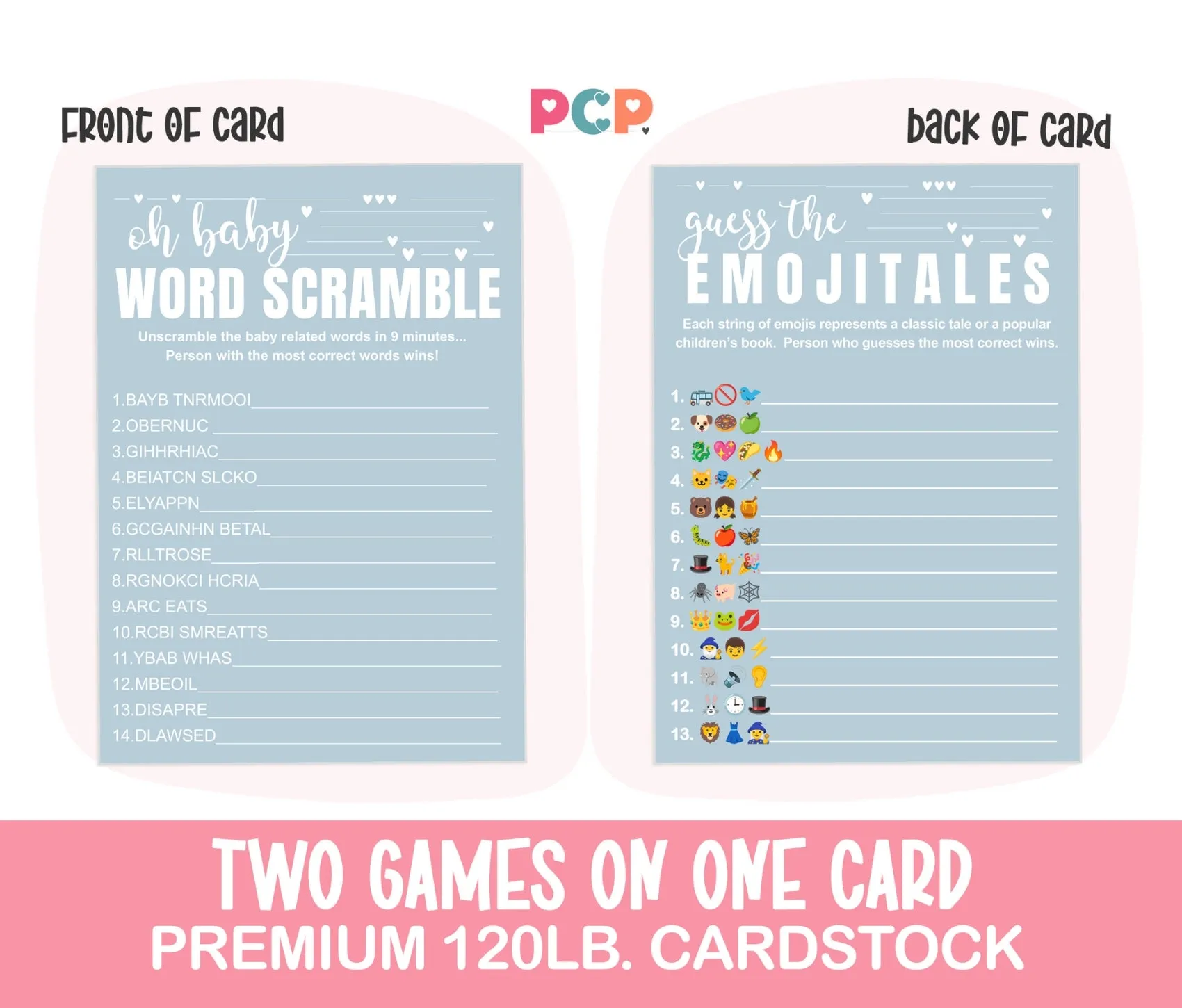 Blue Baby Shower Game Set - Word Scramble and Guess the Pictograms Titles, 5x7 Double-Sided Cards, 25 Pack with Answer Key