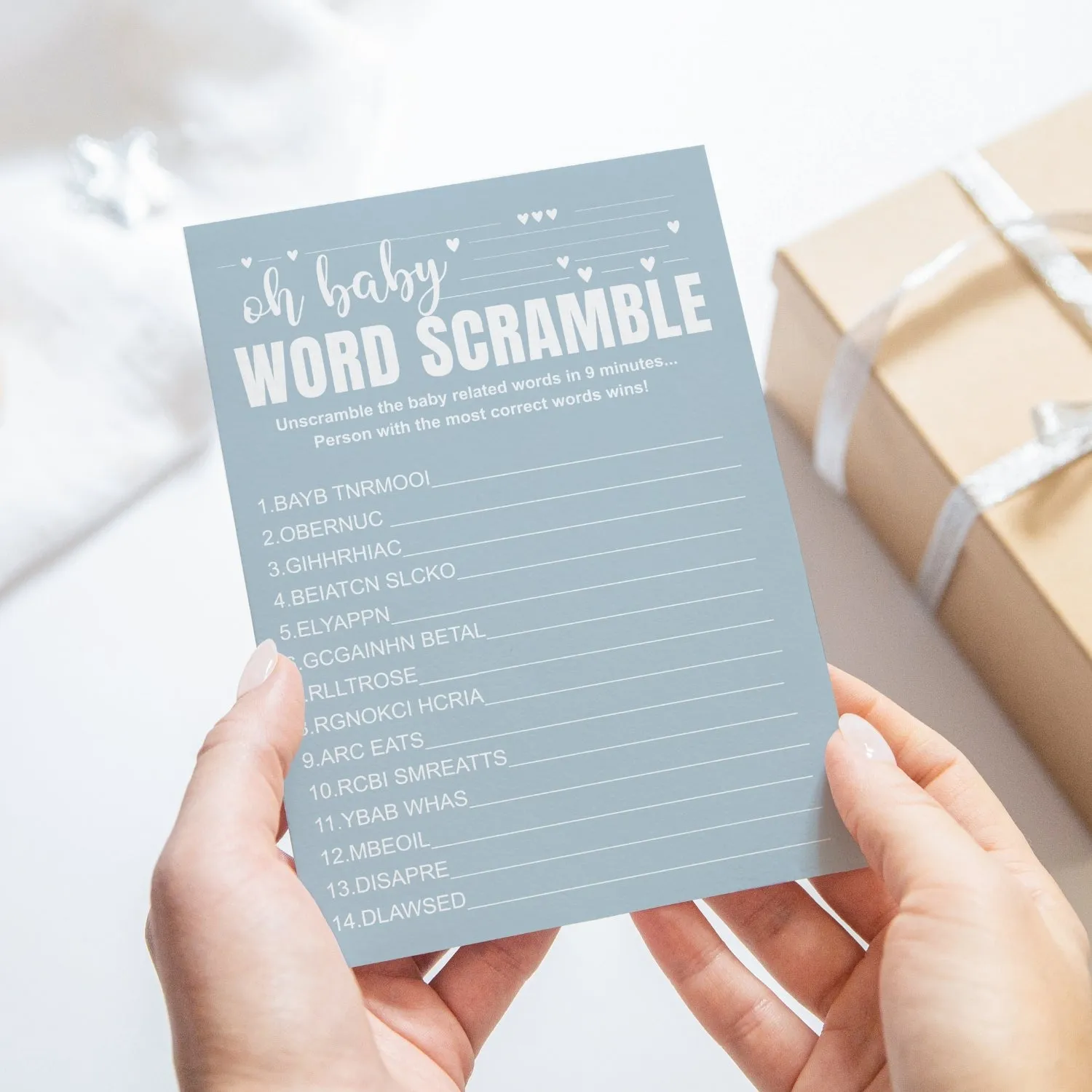 Blue Baby Shower Game Set - Word Scramble and Guess the Pictograms Titles, 5x7 Double-Sided Cards, 25 Pack with Answer Key