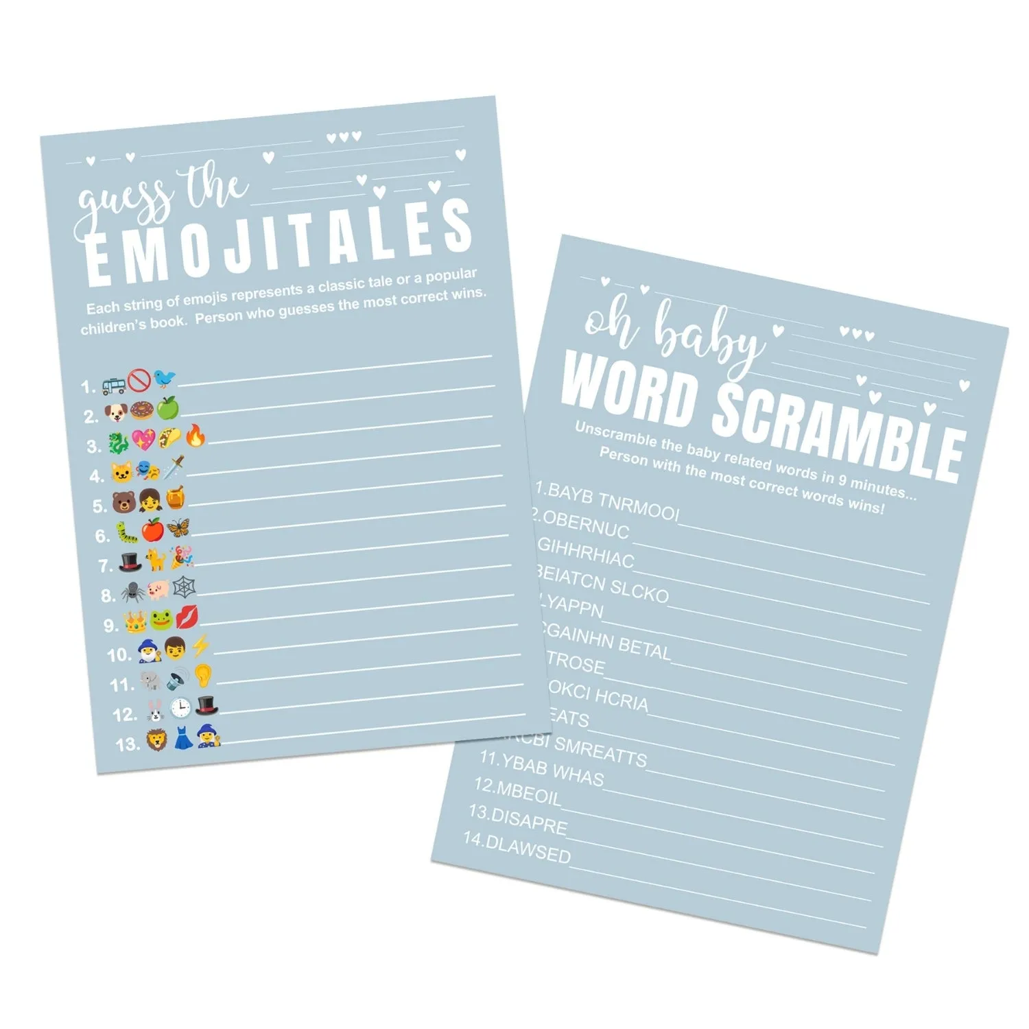 Blue Baby Shower Game Set - Word Scramble and Guess the Pictograms Titles, 5x7 Double-Sided Cards, 25 Pack with Answer Key