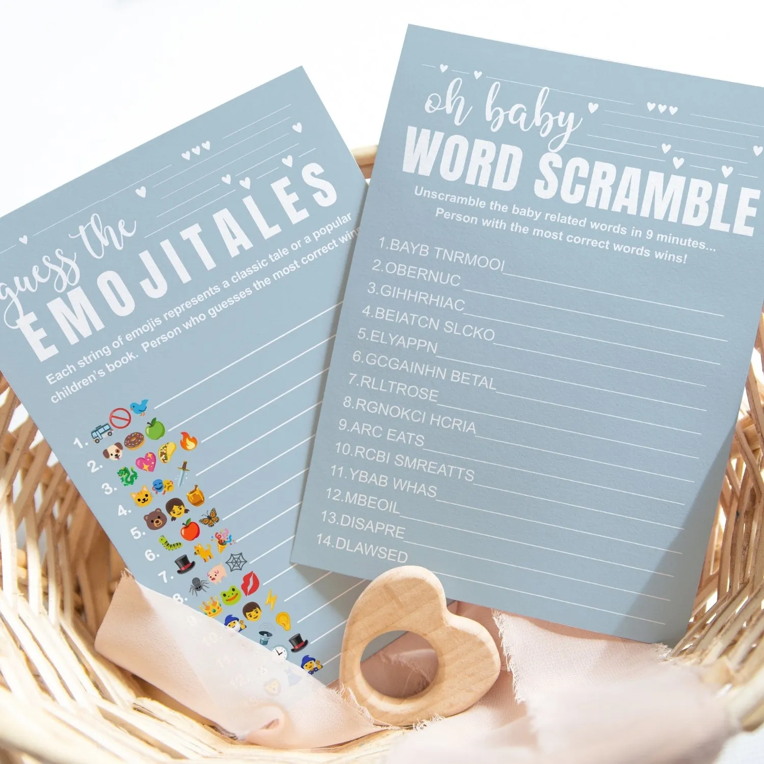 Blue Baby Shower Game Set - Word Scramble and Guess the Pictograms Titles, 5x7 Double-Sided Cards, 25 Pack with Answer Key