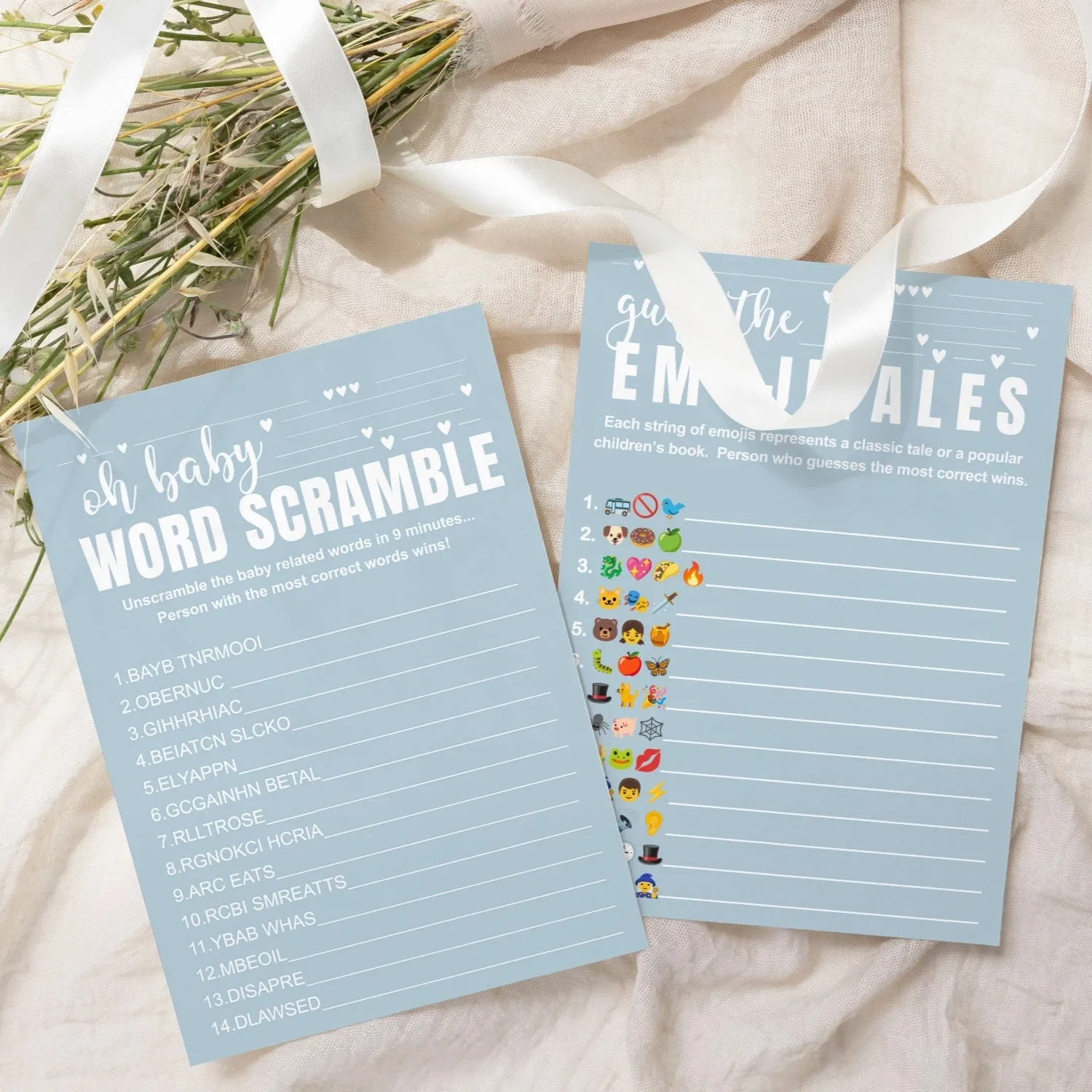 Blue Baby Shower Game Set - Word Scramble and Guess the Pictograms Titles, 5x7 Double-Sided Cards, 25 Pack with Answer Key