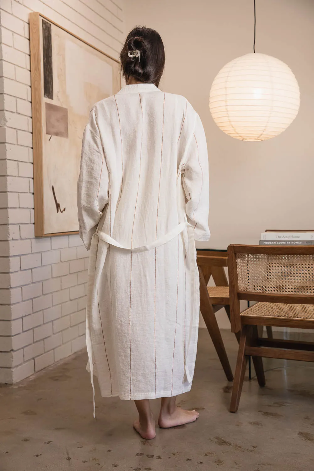 Carter Fundamental Linen Robe - Off White w' Nutmeg Fine Stripe