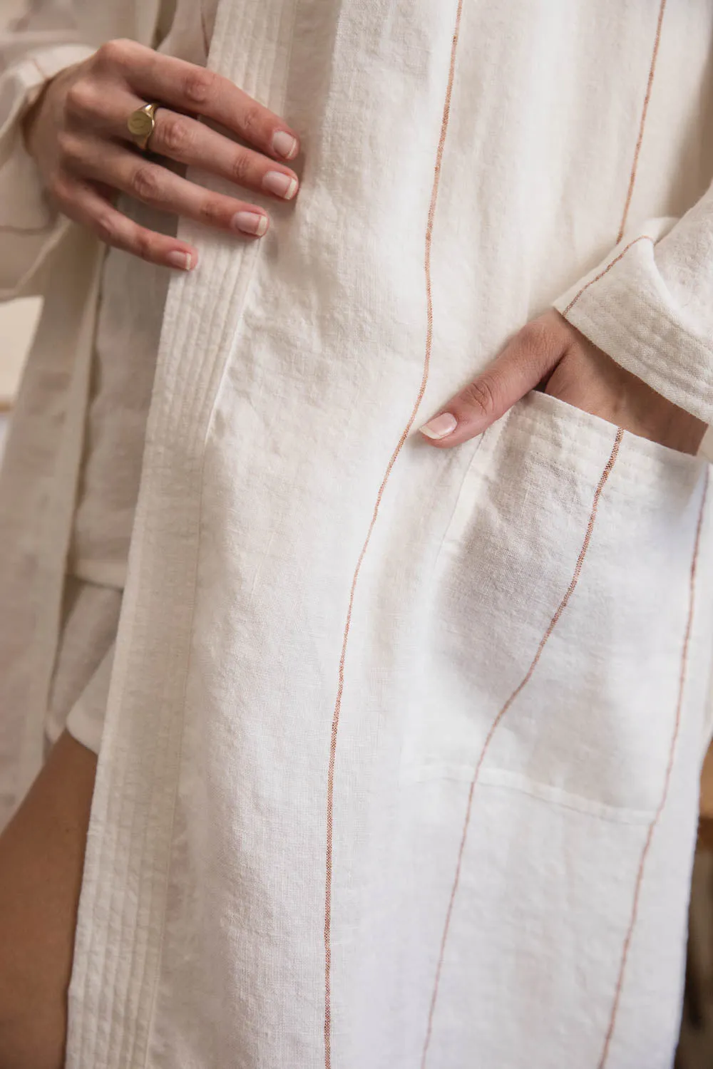 Carter Fundamental Linen Robe - Off White w' Nutmeg Fine Stripe