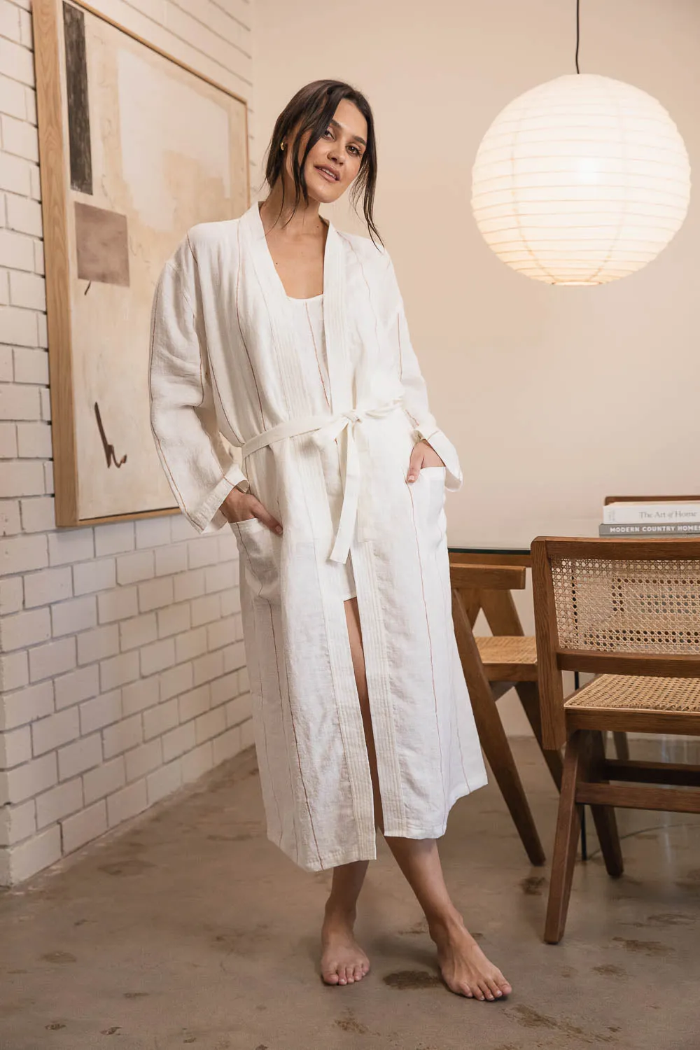 Carter Fundamental Linen Robe - Off White w' Nutmeg Fine Stripe