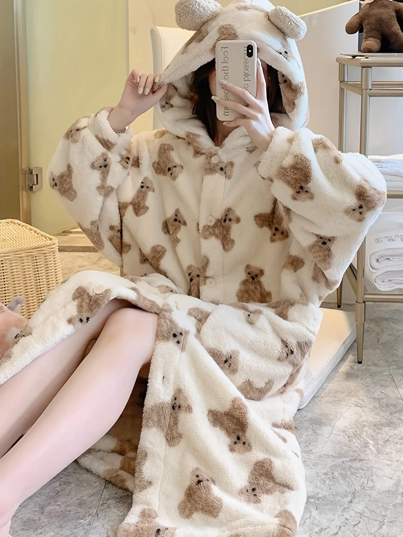 Cartoon Bear Print Fuzzy Night Robe, Long Sleeve Buttons Hooded Robe With Pockets, Women's Sleepwear