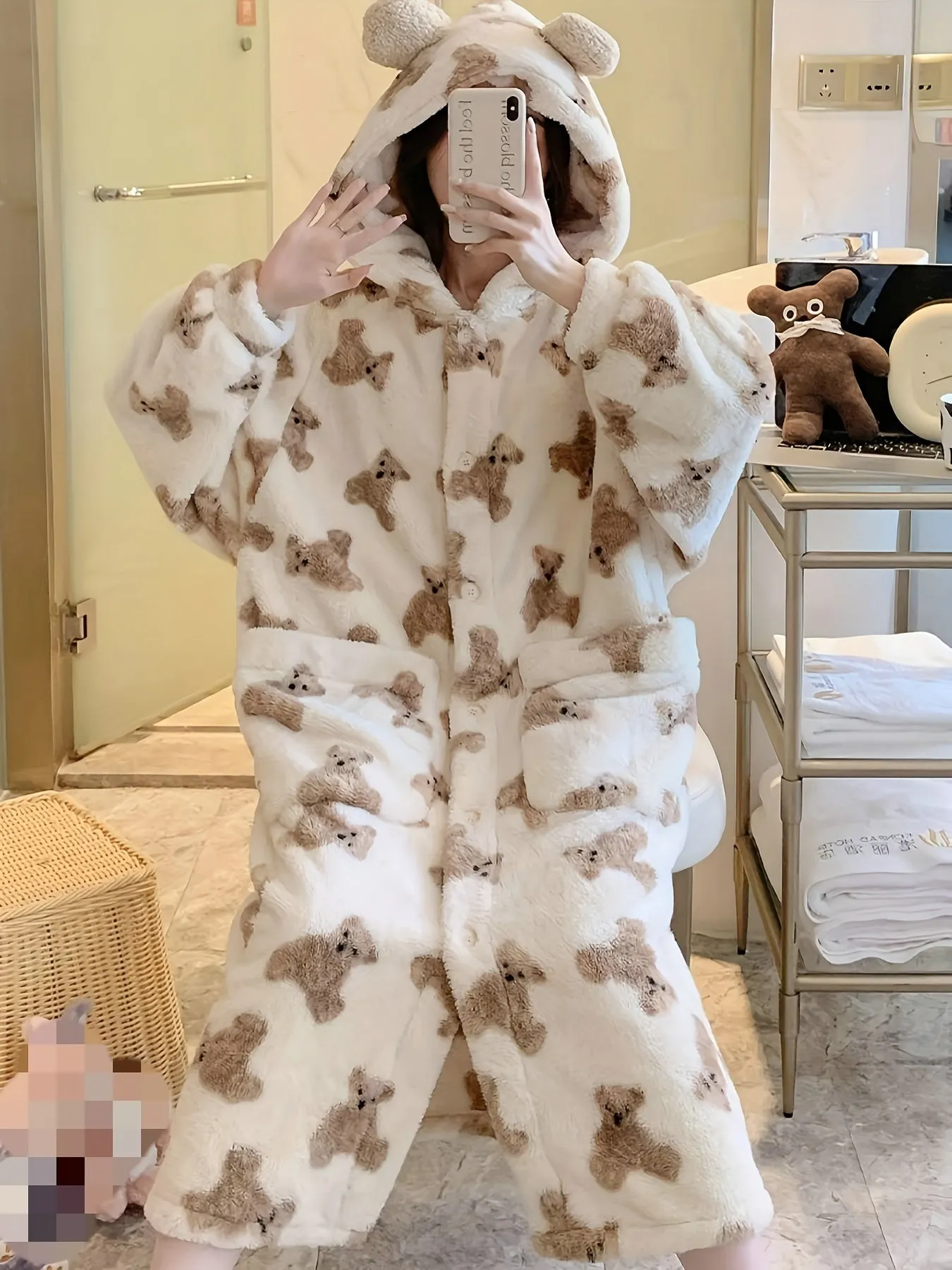 Cartoon Bear Print Fuzzy Night Robe, Long Sleeve Buttons Hooded Robe With Pockets, Women's Sleepwear