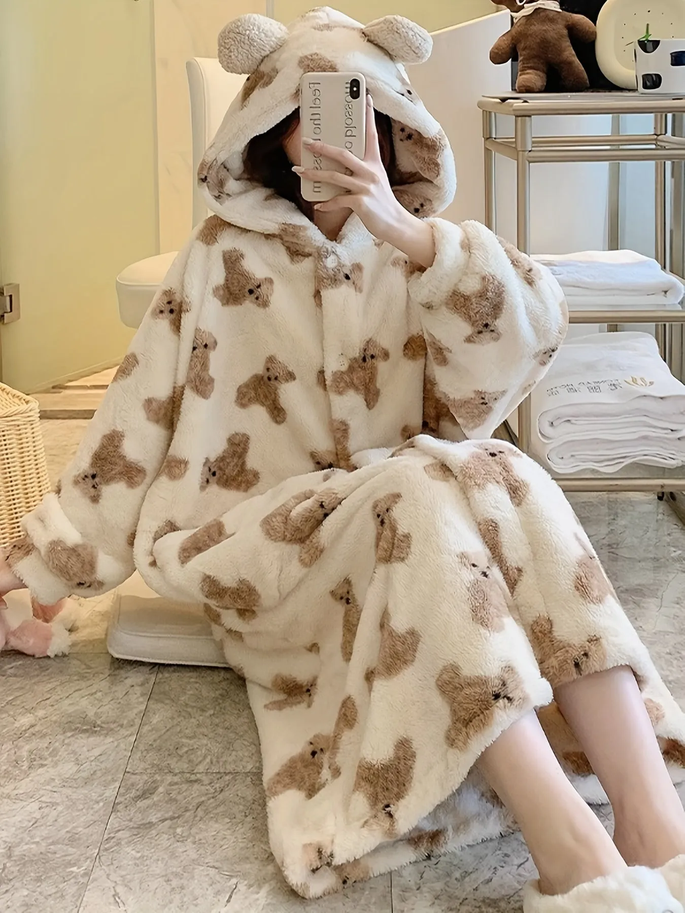 Cartoon Bear Print Fuzzy Night Robe, Long Sleeve Buttons Hooded Robe With Pockets, Women's Sleepwear