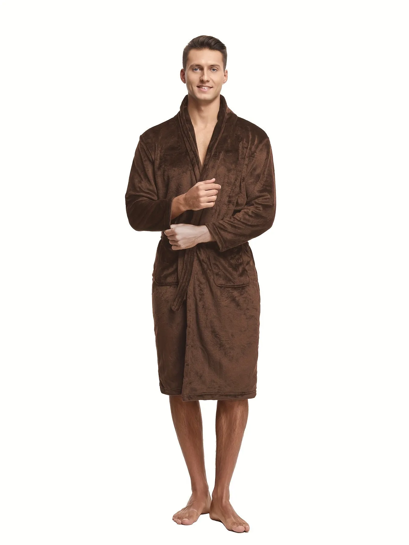 Casual Polyester Men's Robe Set - Fall/Winter Long Sleeve Solid Color Bathrobe with Belt, Slight Stretch Fabric, Warm Plush Fleece V-neck Sleepwear with Pockets