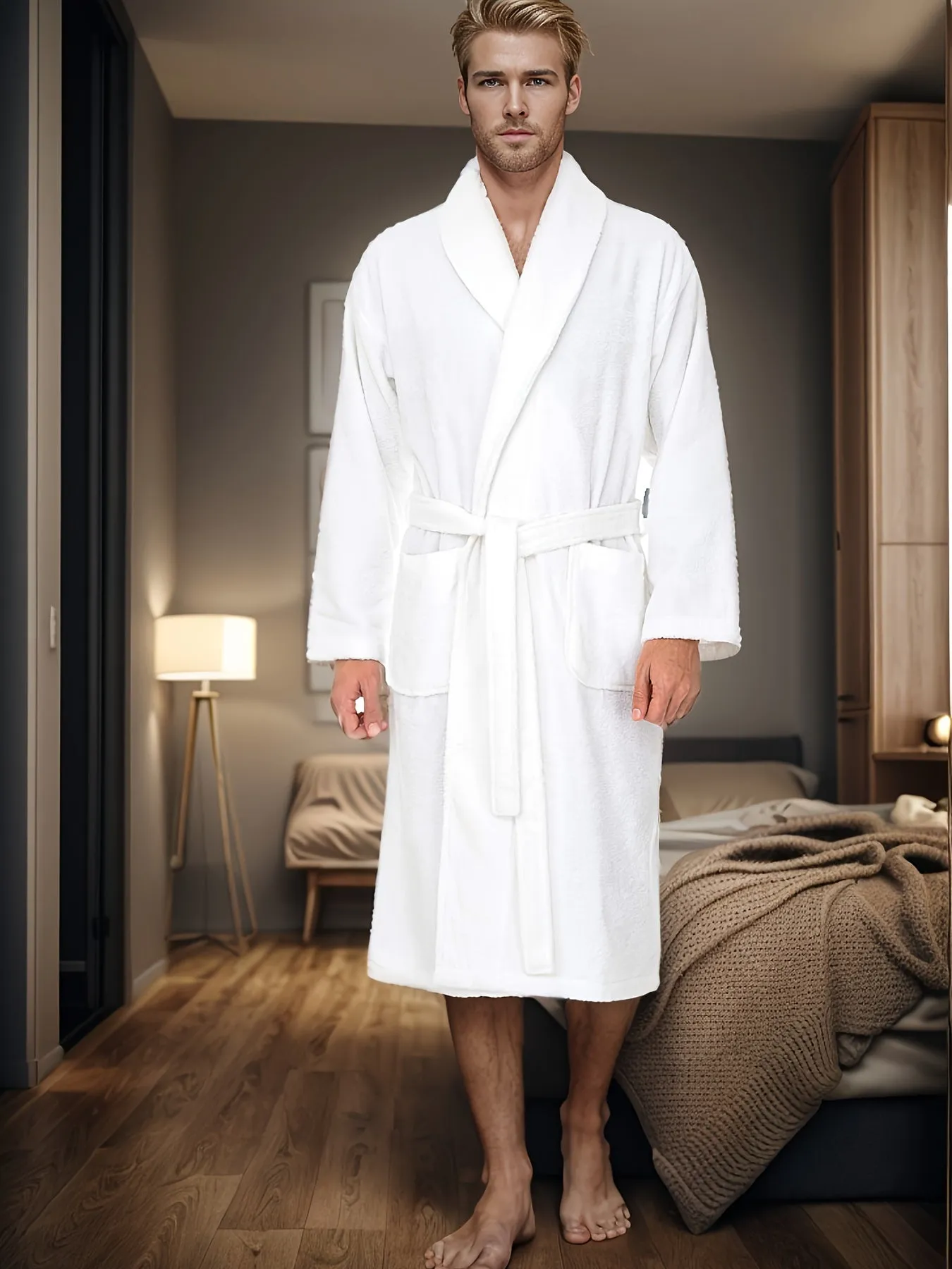 Casual Polyester Men's Robe Set - Fall/Winter Long Sleeve Solid Color Bathrobe with Belt, Slight Stretch Fabric, Warm Plush Fleece V-neck Sleepwear with Pockets