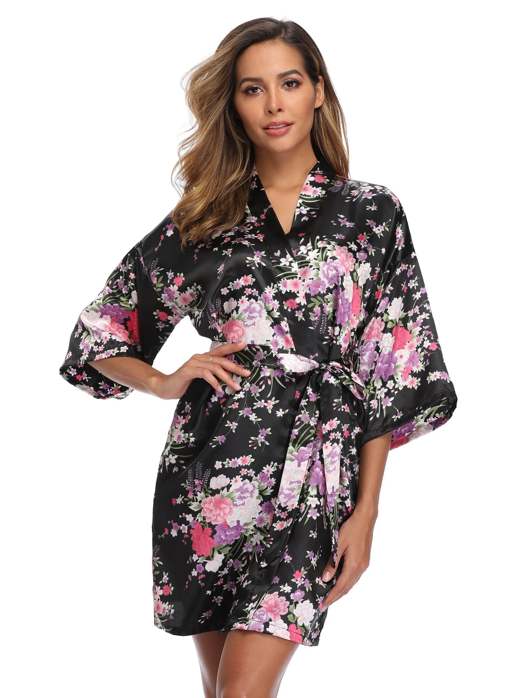 Charming Floral Print Short Sleeve V Neck Night Robe - Soft, Cozy, and Adjustable with Belt - Women's Sleepwear for Relaxation and Comfort