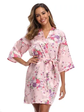 Charming Floral Print Short Sleeve V Neck Night Robe - Soft, Cozy, and Adjustable with Belt - Women's Sleepwear for Relaxation and Comfort