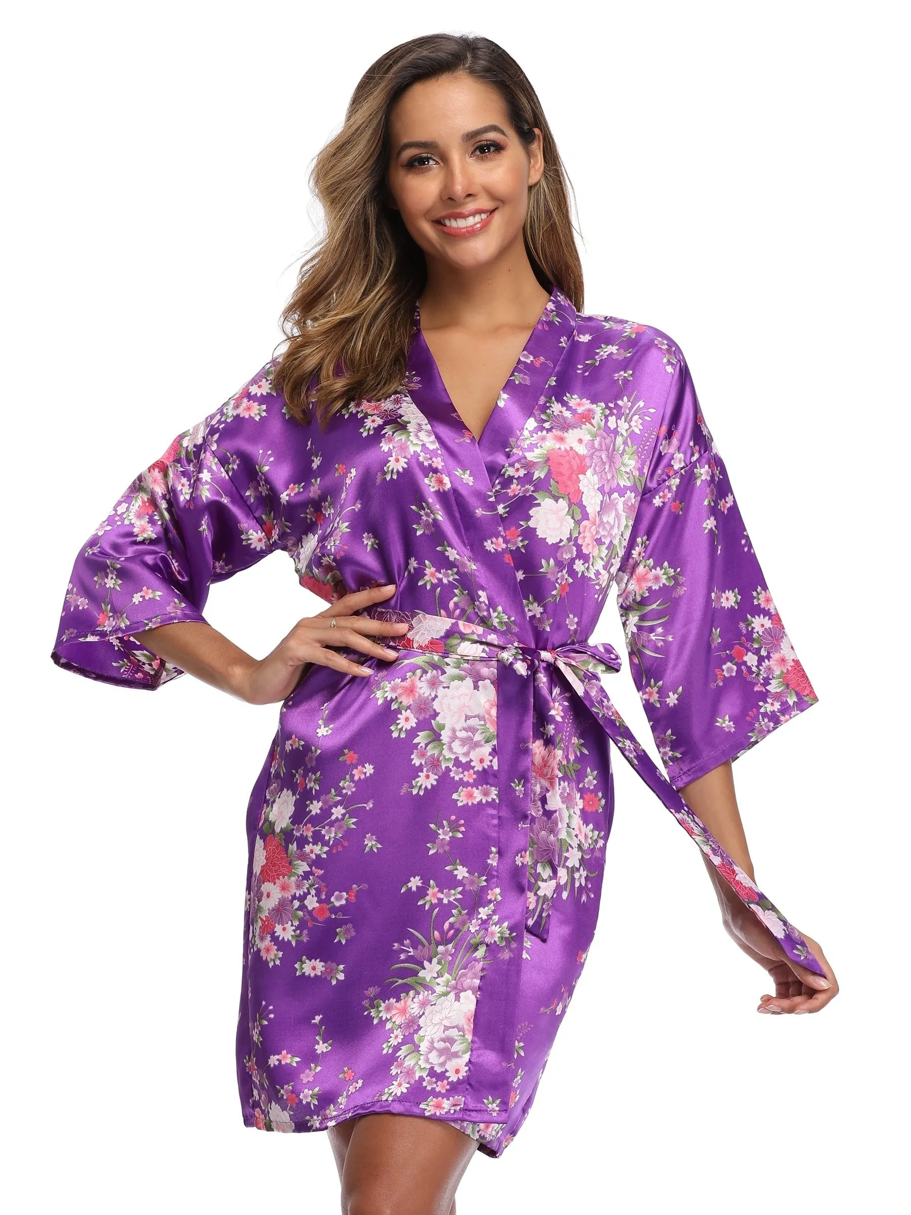 Charming Floral Print Short Sleeve V Neck Night Robe - Soft, Cozy, and Adjustable with Belt - Women's Sleepwear for Relaxation and Comfort