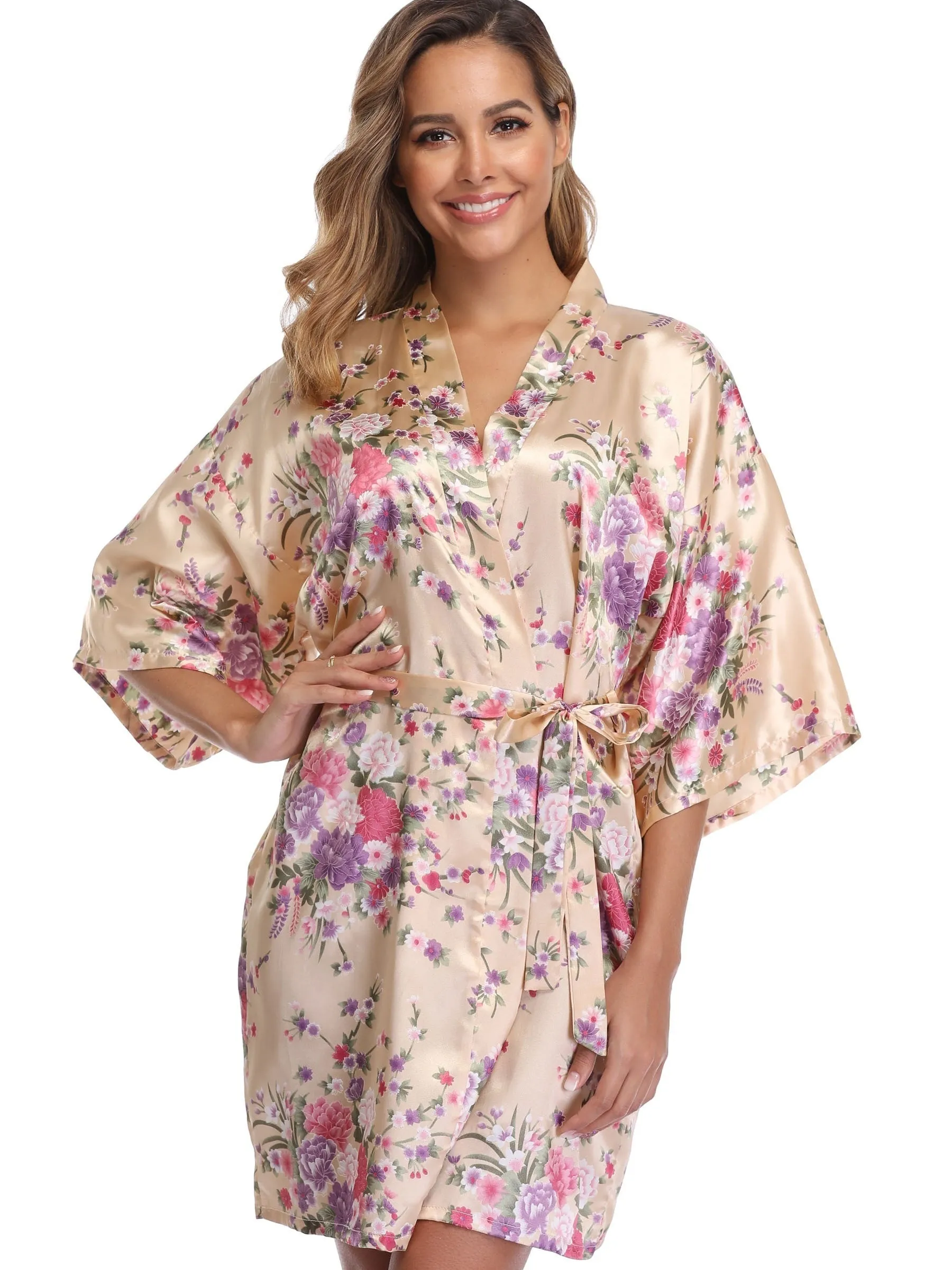 Charming Floral Print Short Sleeve V Neck Night Robe - Soft, Cozy, and Adjustable with Belt - Women's Sleepwear for Relaxation and Comfort