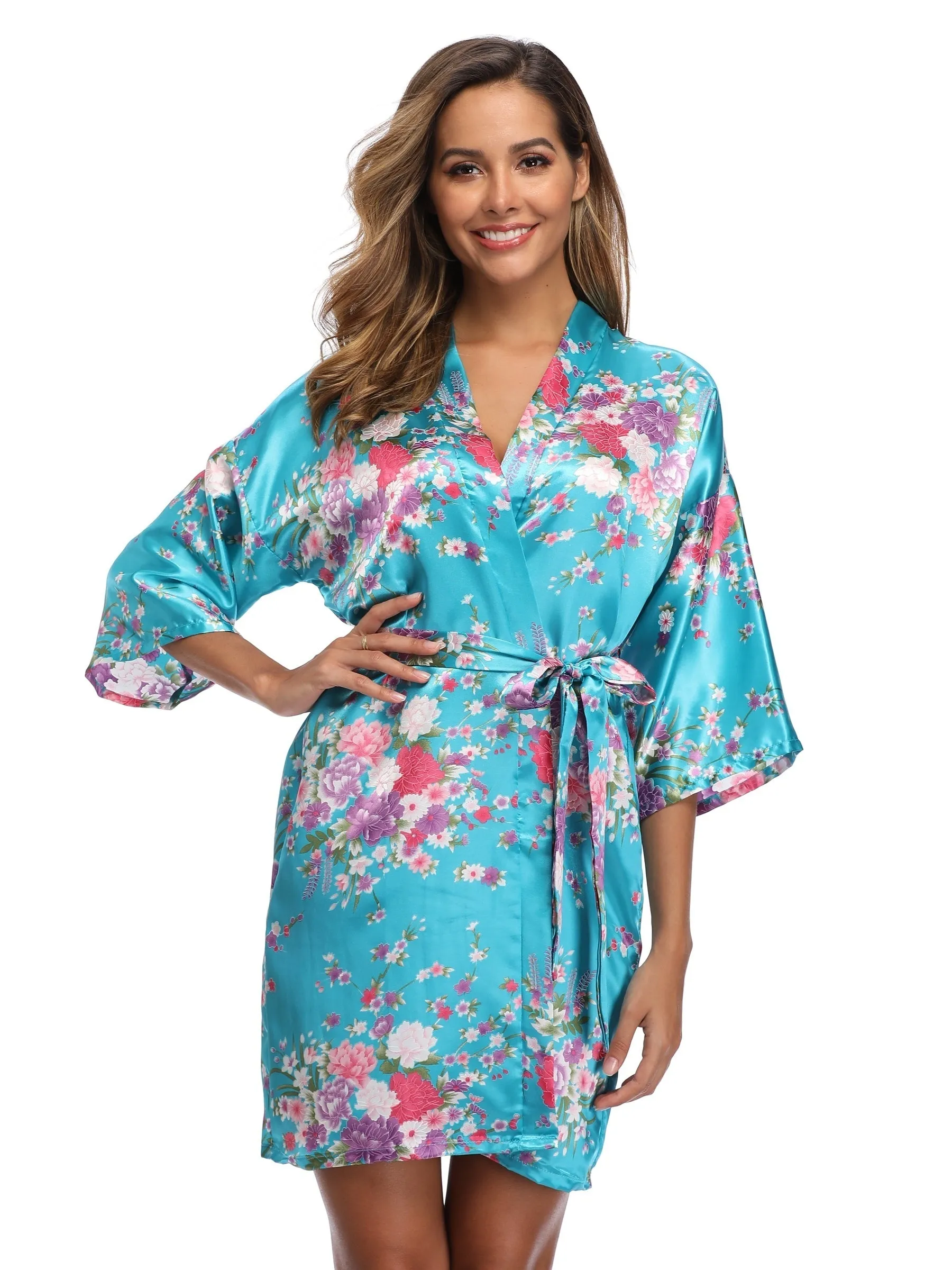 Charming Floral Print Short Sleeve V Neck Night Robe - Soft, Cozy, and Adjustable with Belt - Women's Sleepwear for Relaxation and Comfort