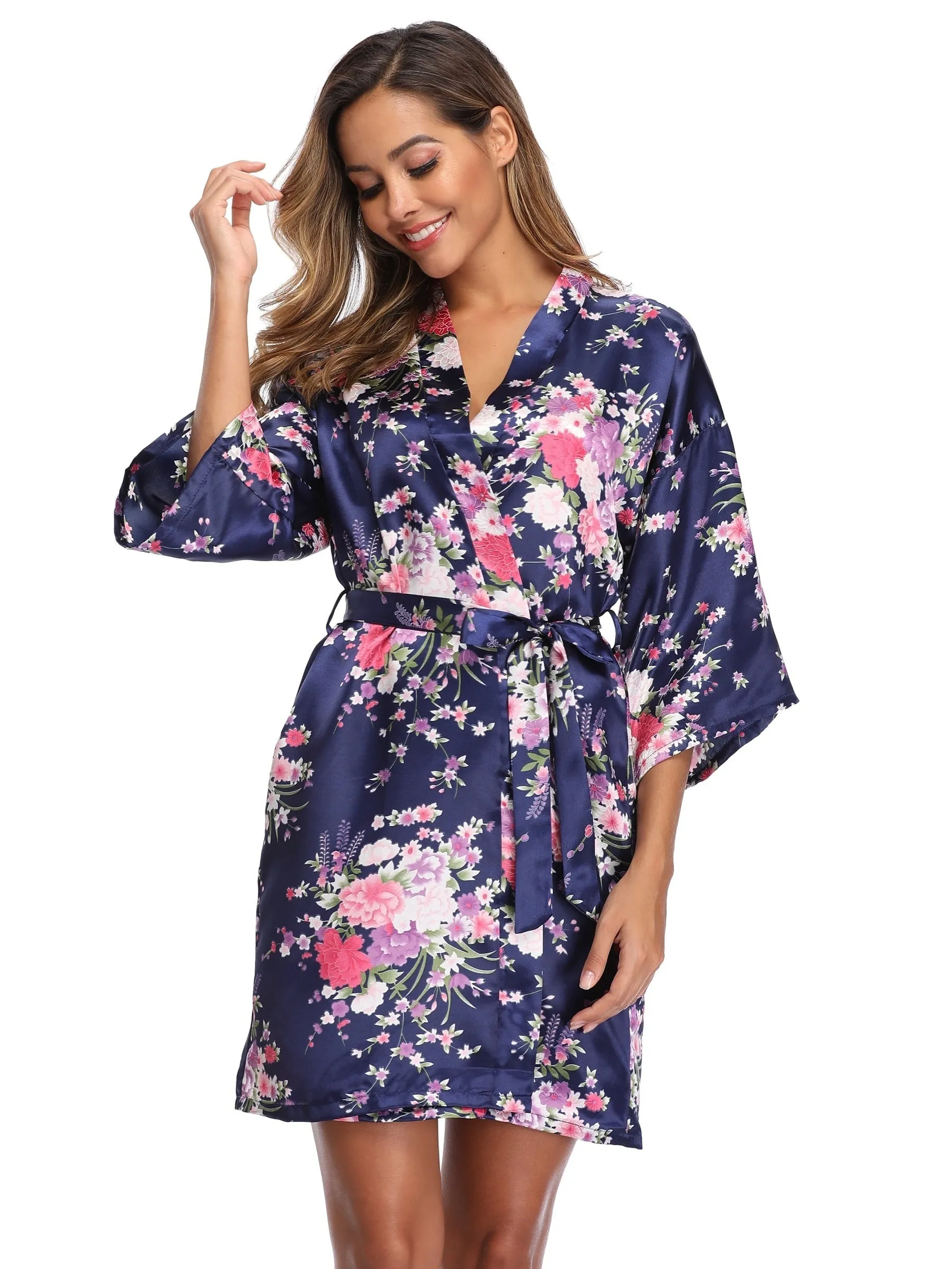 Charming Floral Print Short Sleeve V Neck Night Robe - Soft, Cozy, and Adjustable with Belt - Women's Sleepwear for Relaxation and Comfort