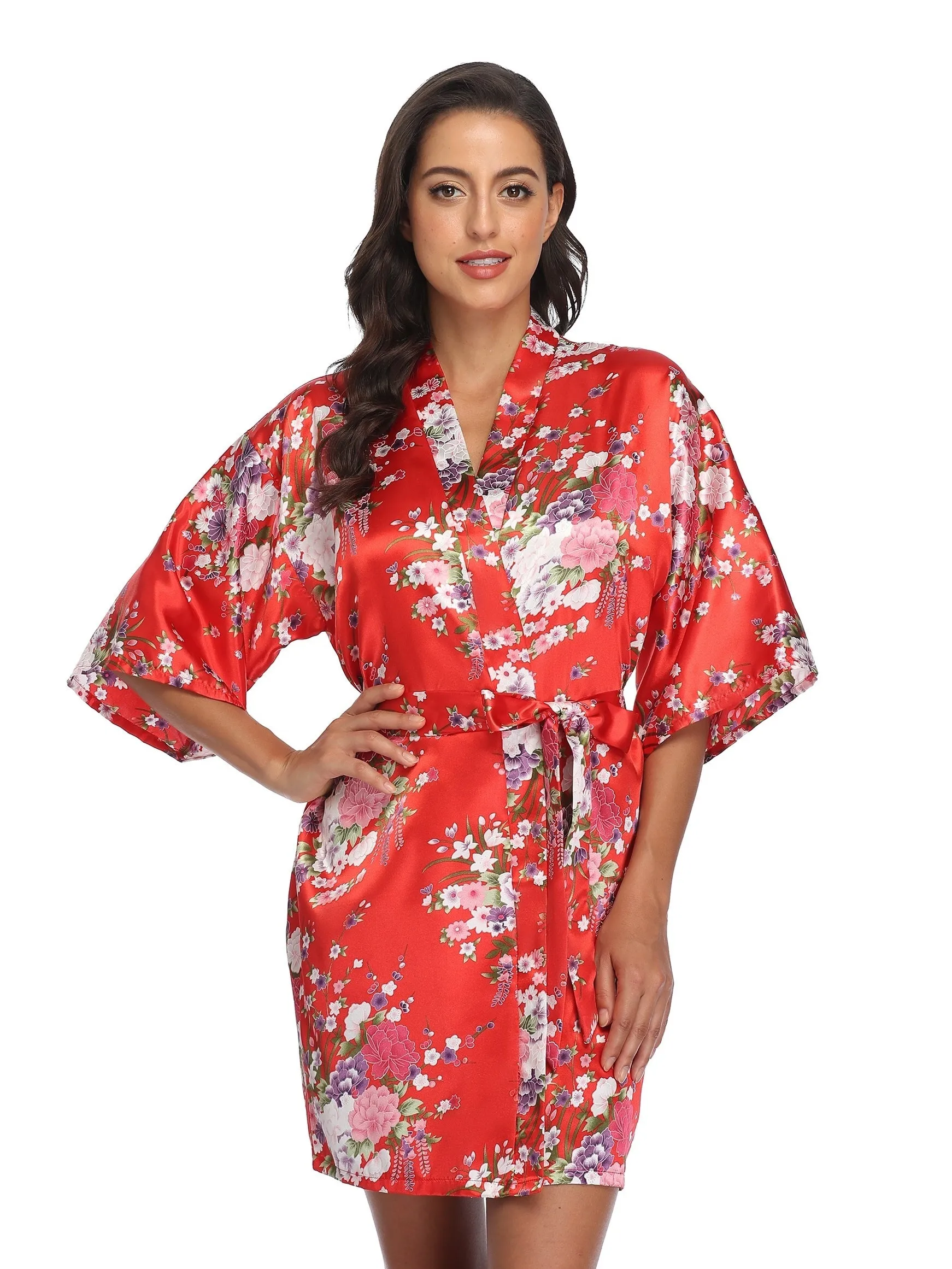 Charming Floral Print Short Sleeve V Neck Night Robe - Soft, Cozy, and Adjustable with Belt - Women's Sleepwear for Relaxation and Comfort