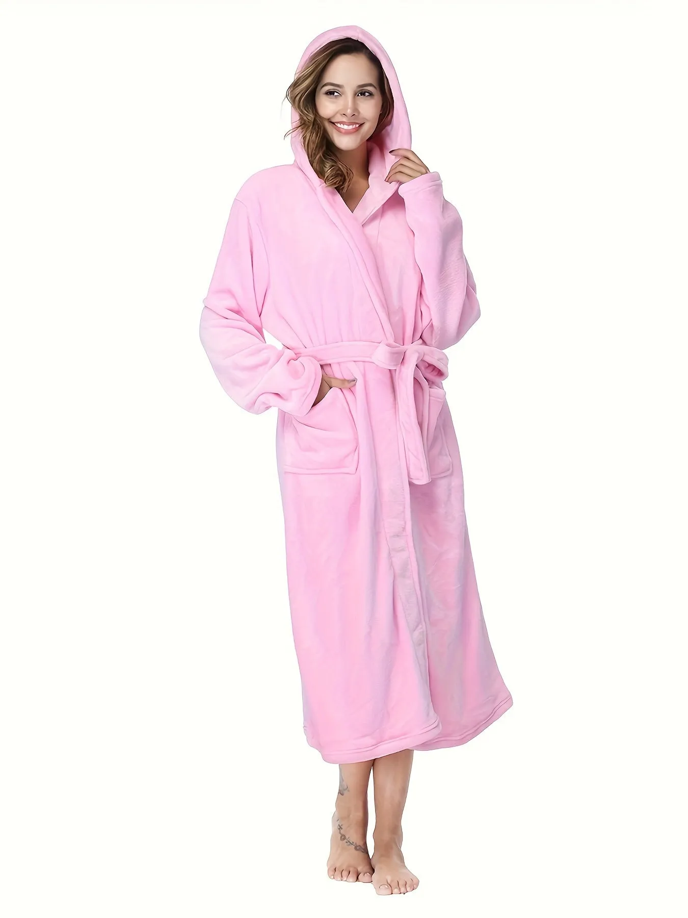 Cozy Plush Fleece Hooded Bathrobe for Women - Soft, Thick, and Warm Nightgown with Pockets for Relaxation - Perfect Sleepwear for Cold Winter Nights, Lounging at Home, or as a Gift