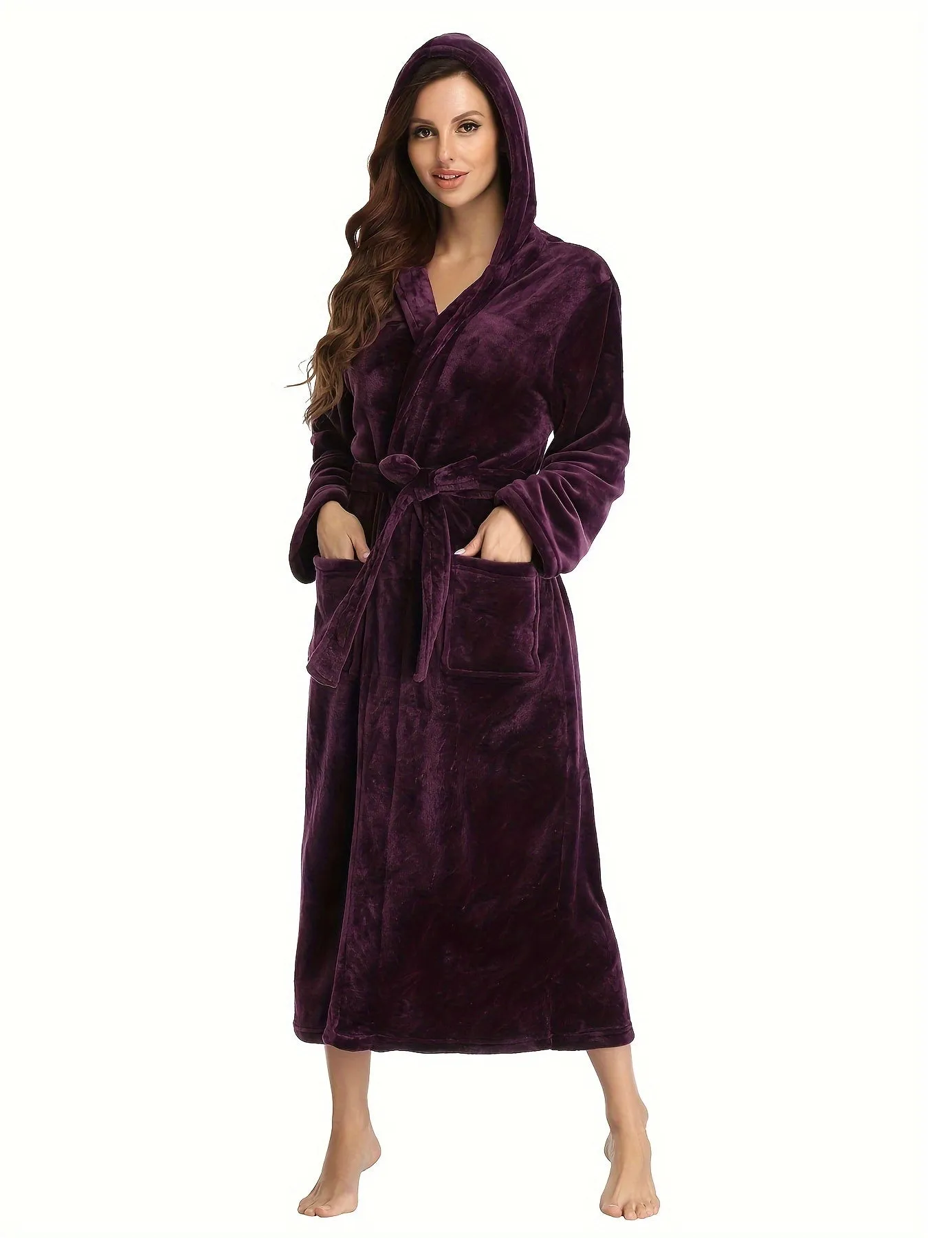 Cozy Plush Fleece Hooded Bathrobe for Women - Soft, Thick, and Warm Nightgown with Pockets for Relaxation - Perfect Sleepwear for Cold Winter Nights, Lounging at Home, or as a Gift