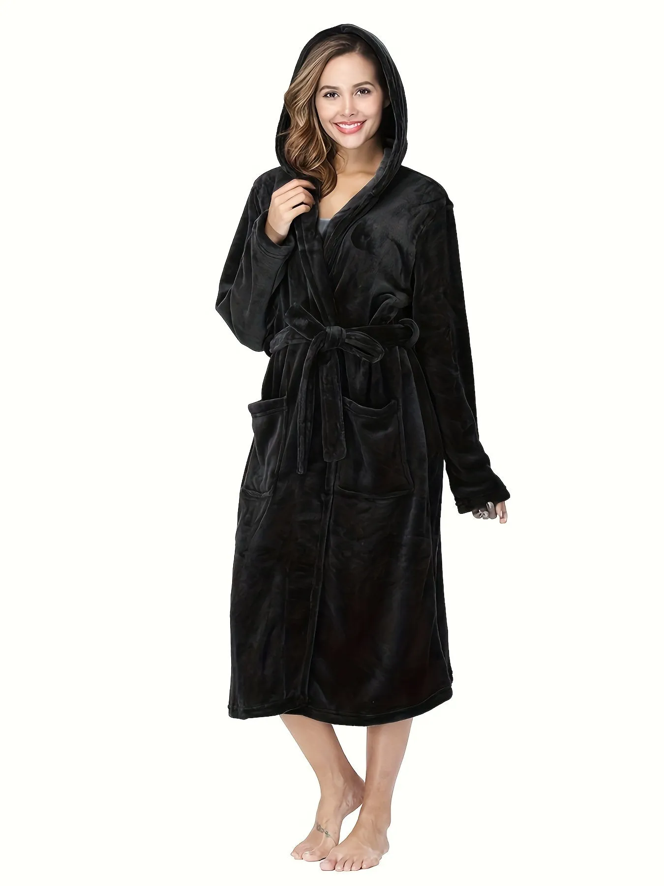 Cozy Plush Fleece Hooded Bathrobe for Women - Soft, Thick, and Warm Nightgown with Pockets for Relaxation - Perfect Sleepwear for Cold Winter Nights, Lounging at Home, or as a Gift