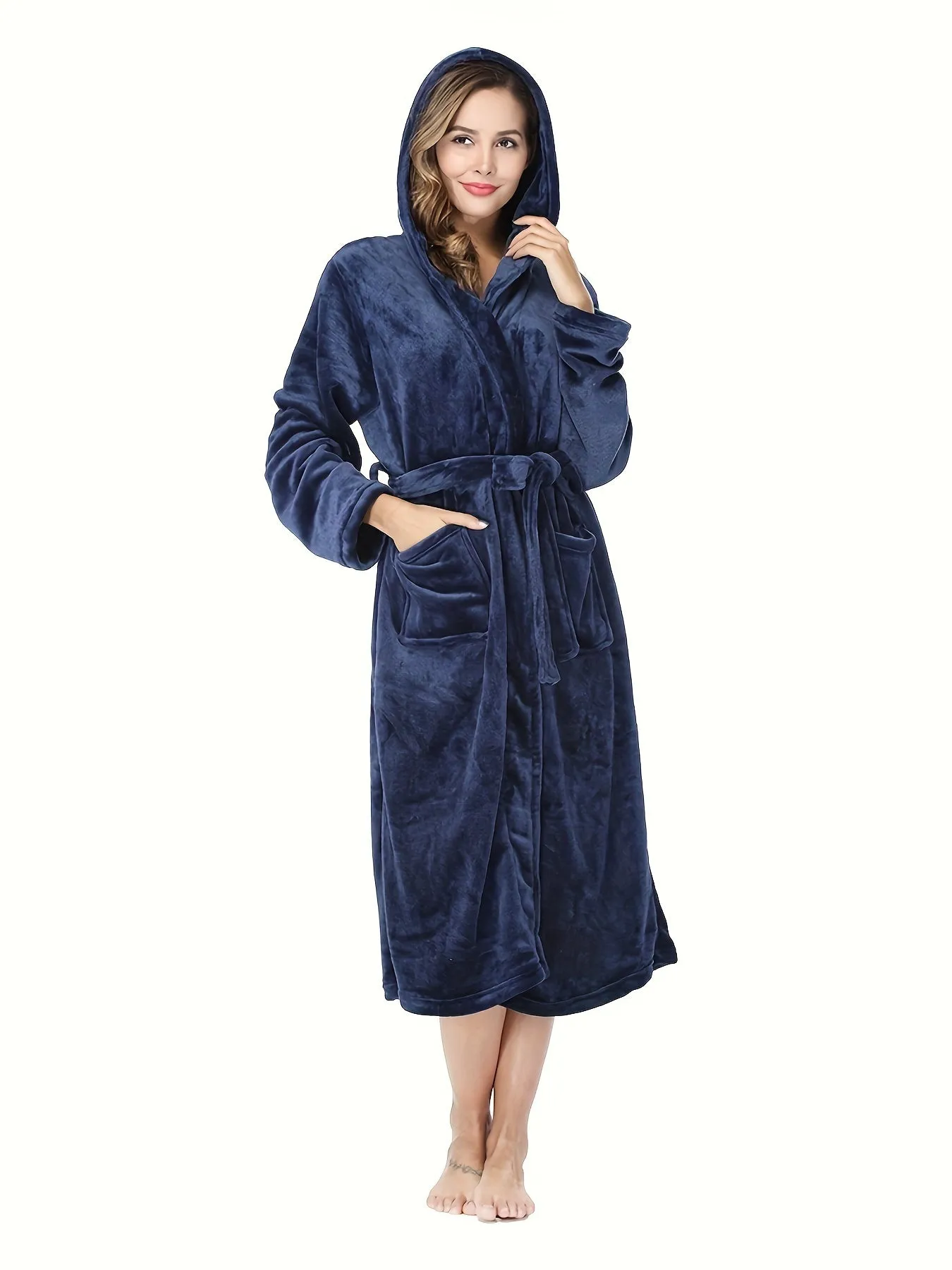 Cozy Plush Fleece Hooded Bathrobe for Women - Soft, Thick, and Warm Nightgown with Pockets for Relaxation - Perfect Sleepwear for Cold Winter Nights, Lounging at Home, or as a Gift