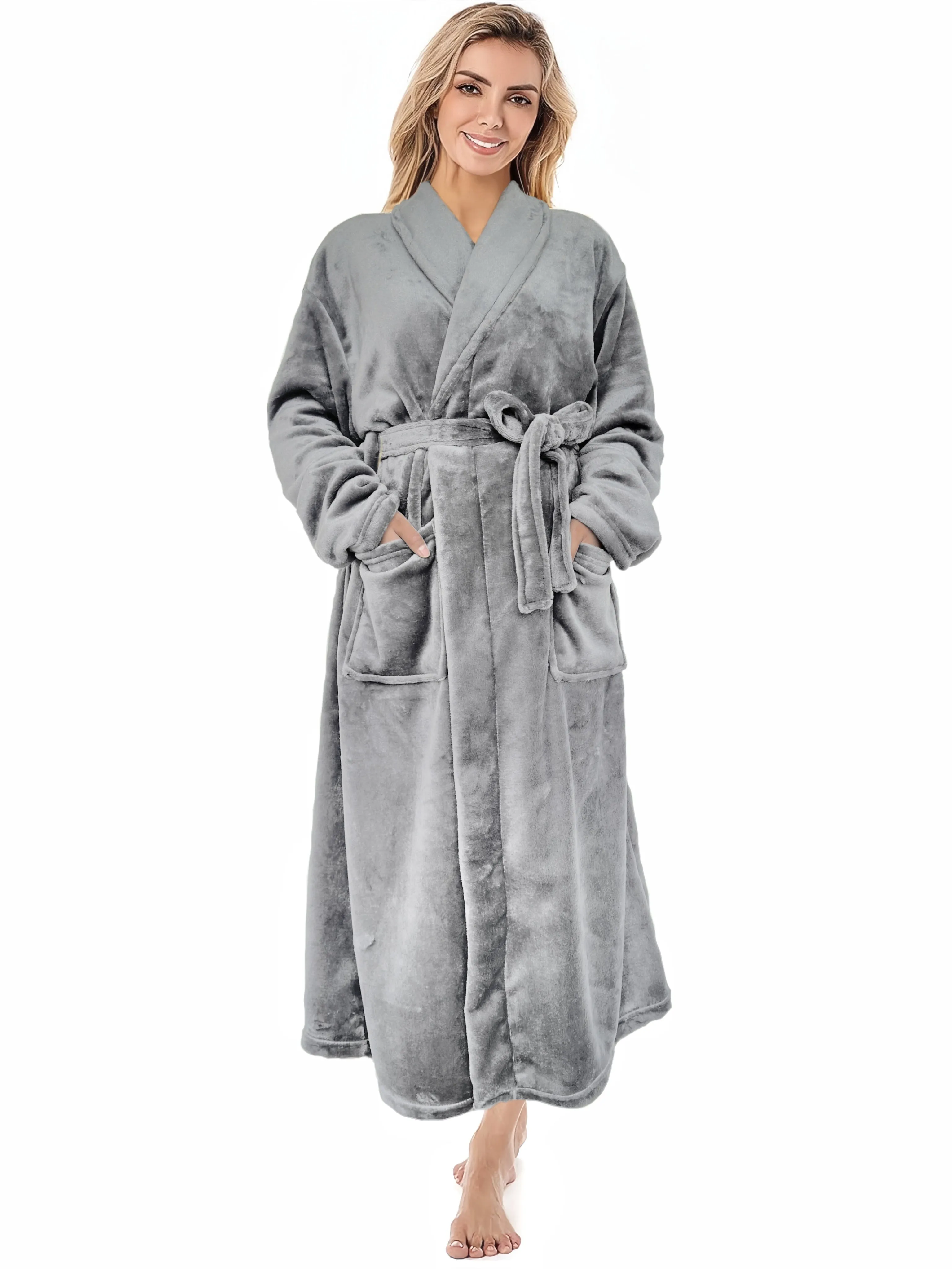 Cozy Womens Fleece Night Robe - Solid Color, Long Sleeve Lapel Collar with Belt & Pockets - Ultra-Comfortable Sleepwear Dress for Casual Lounging