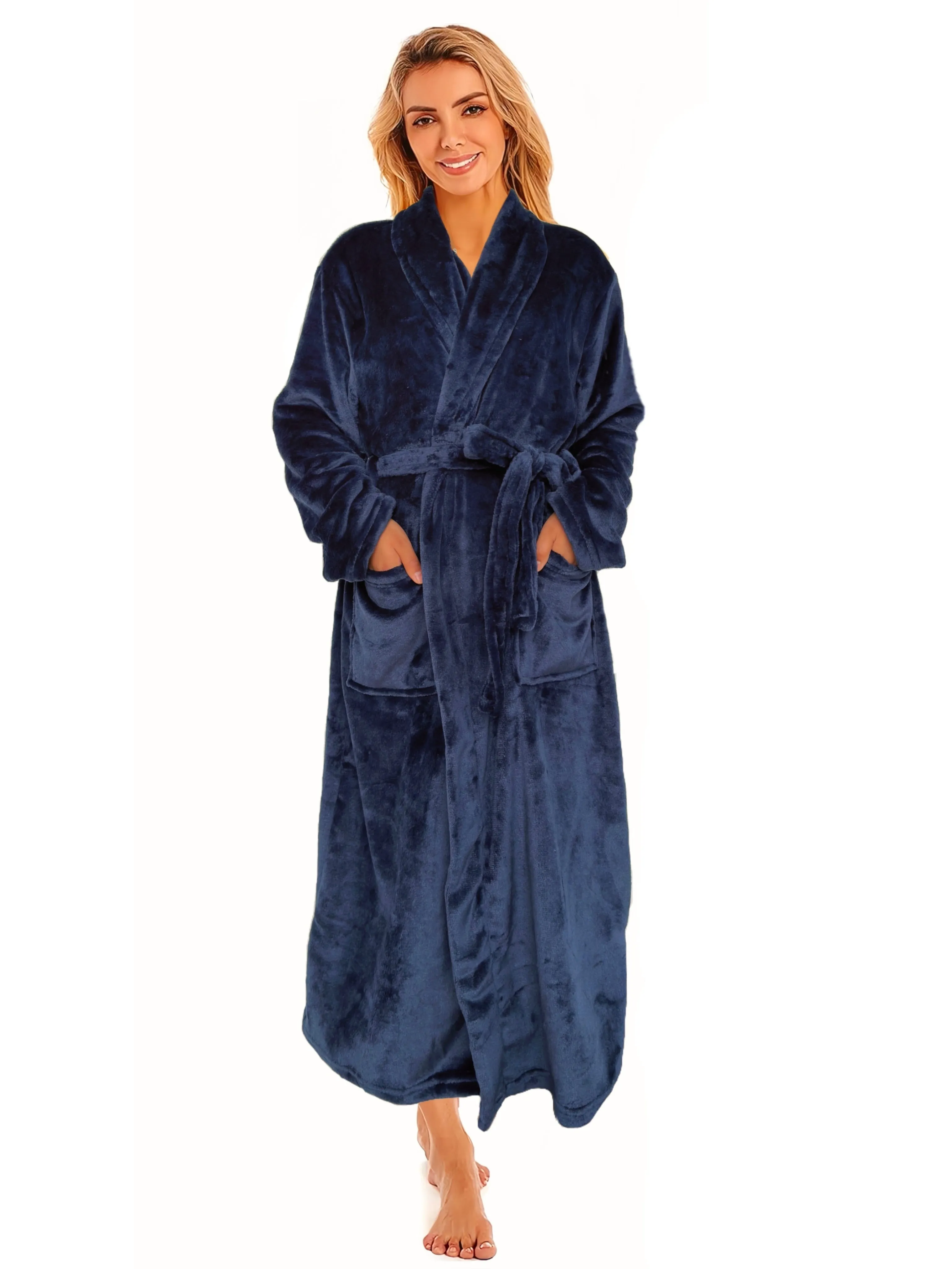 Cozy Womens Fleece Night Robe - Solid Color, Long Sleeve Lapel Collar with Belt & Pockets - Ultra-Comfortable Sleepwear Dress for Casual Lounging