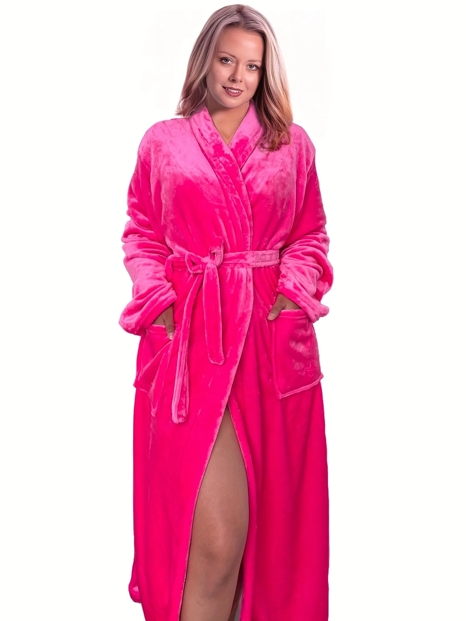 Cozy Womens Fleece Night Robe - Solid Color, Long Sleeve Lapel Collar with Belt & Pockets - Ultra-Comfortable Sleepwear Dress for Casual Lounging