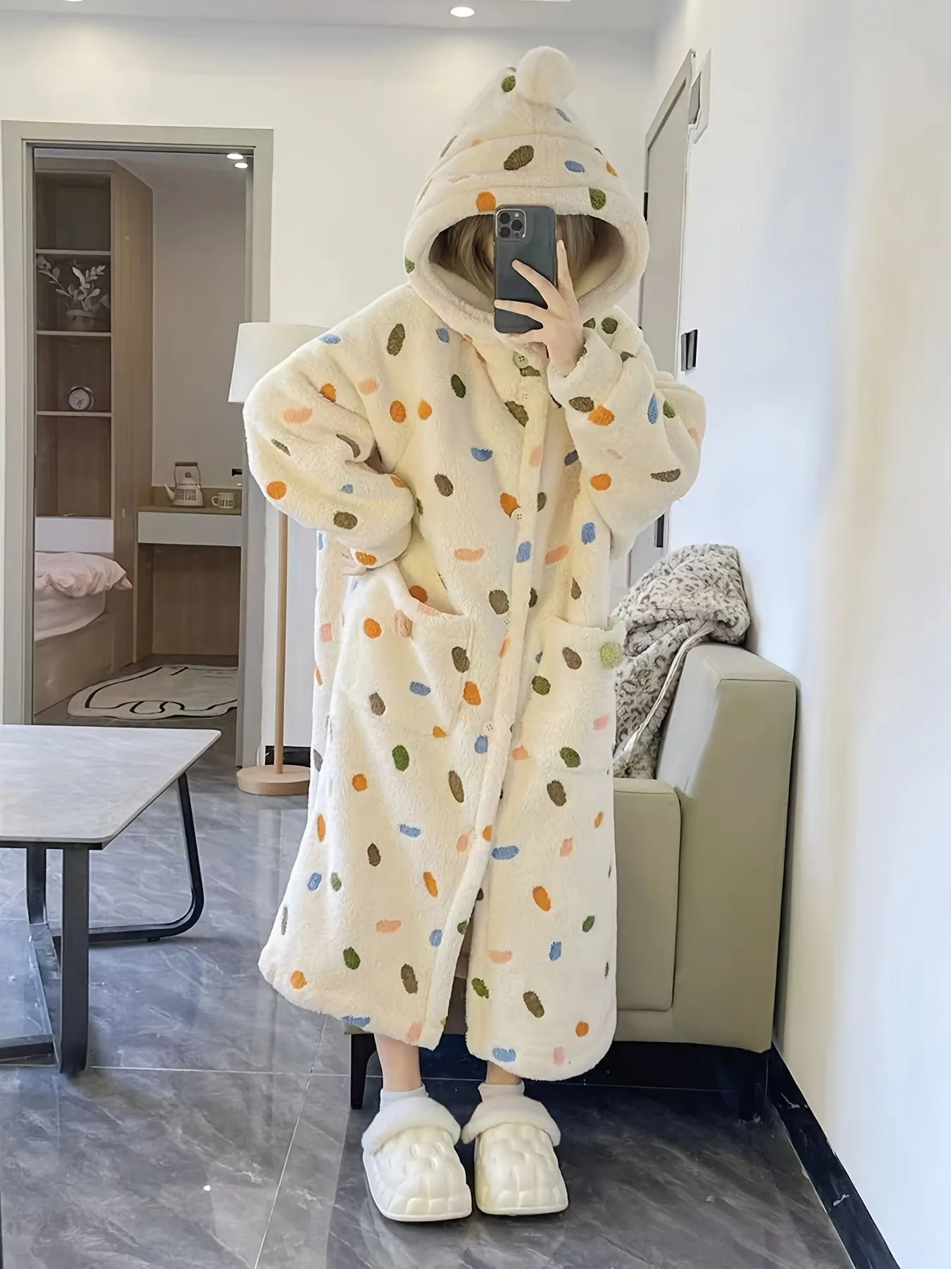 Cute Colorful Dot Pattern Plush Thickened Night Robe, Long Sleeve Button Up Hooded Robe With Pockets, Women's Sleepwear & Dresses For Fall/ Winter