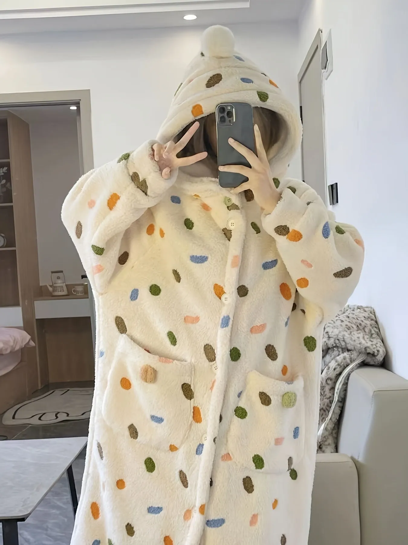 Cute Colorful Dot Pattern Plush Thickened Night Robe, Long Sleeve Button Up Hooded Robe With Pockets, Women's Sleepwear & Dresses For Fall/ Winter