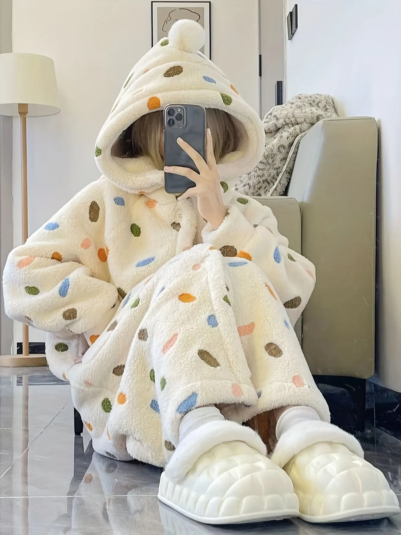 Cute Colorful Dot Pattern Plush Thickened Night Robe, Long Sleeve Button Up Hooded Robe With Pockets, Women's Sleepwear & Dresses For Fall/ Winter