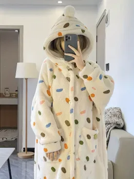 Cute Colorful Dot Pattern Plush Thickened Night Robe, Long Sleeve Button Up Hooded Robe With Pockets, Women's Sleepwear & Dresses For Fall/ Winter