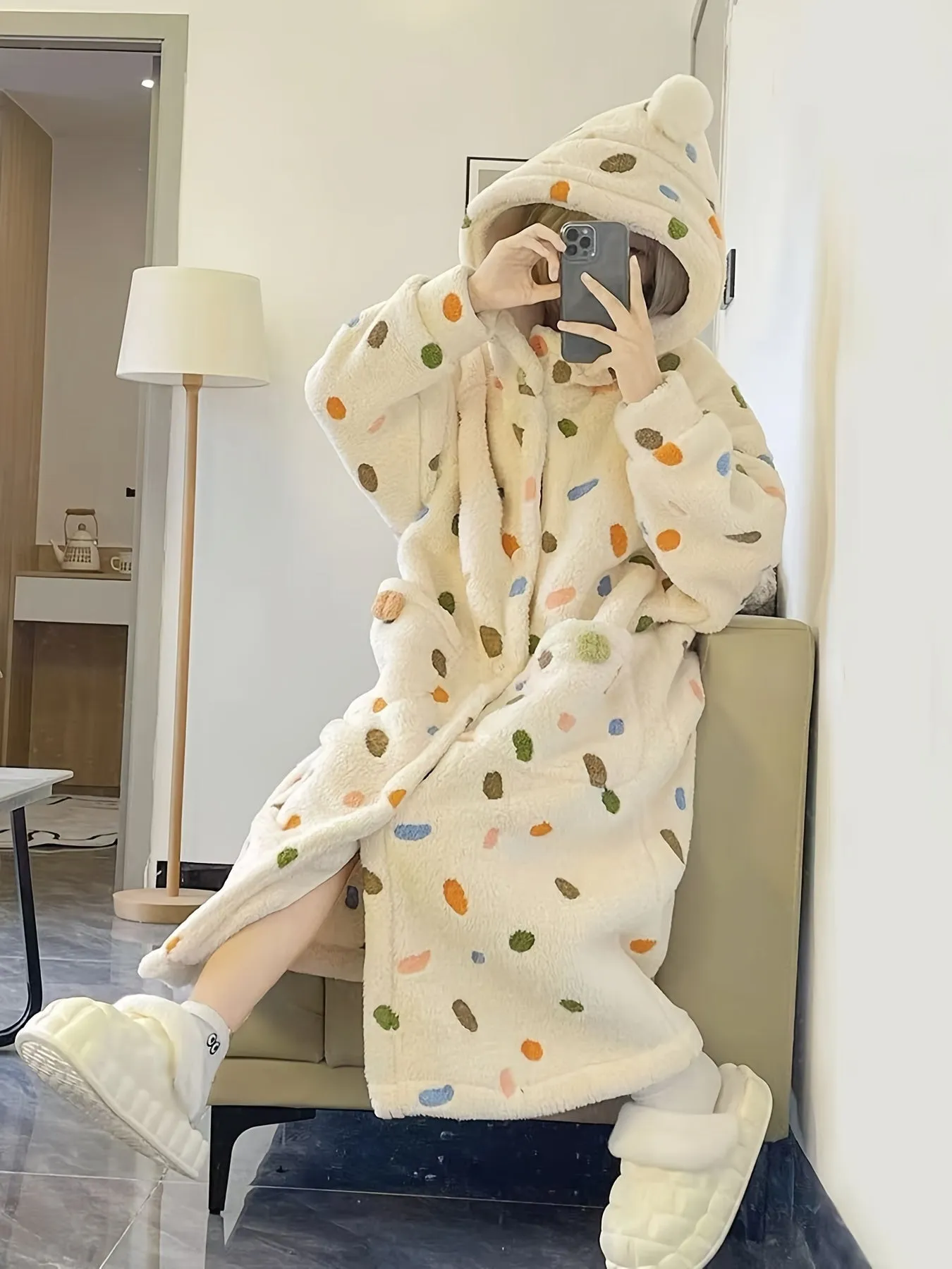 Cute Colorful Dot Pattern Plush Thickened Night Robe, Long Sleeve Button Up Hooded Robe With Pockets, Women's Sleepwear & Dresses For Fall/ Winter